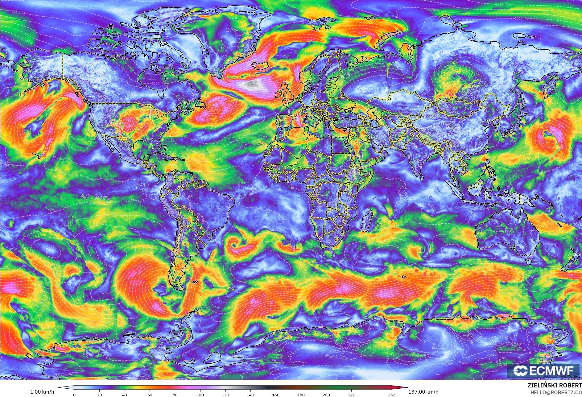 ECMWF IFS 0.25° modelo - Mundo, Ráfagas de Viento Máximas