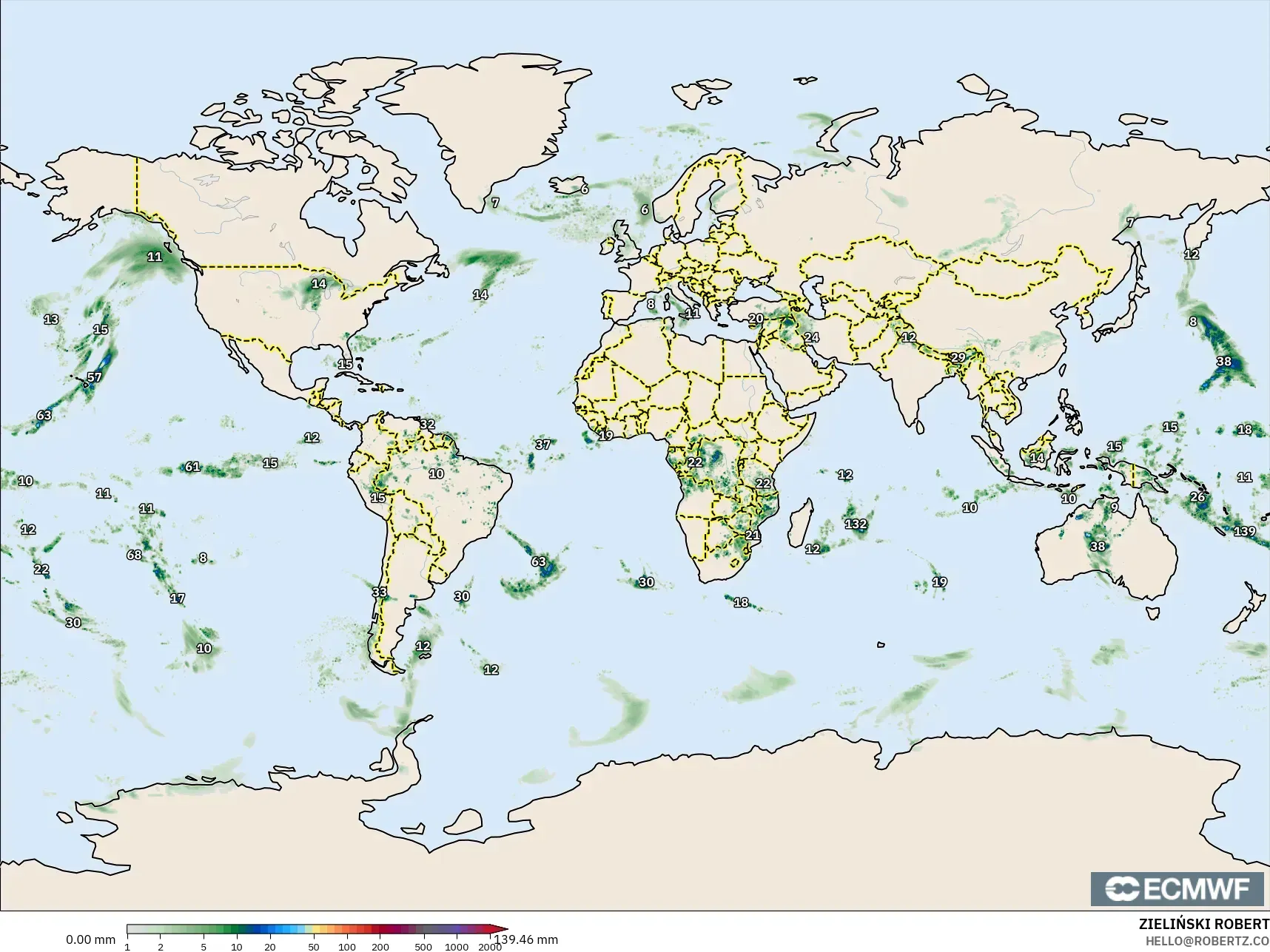 ECMWF IFS 0.25° modelo - Mundo, Acumulación de precipitación