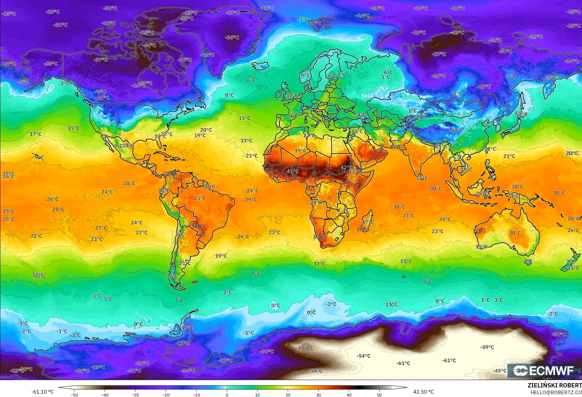 ECMWF IFS 0.25° modelo - Mundo, Temperatura a 2 m