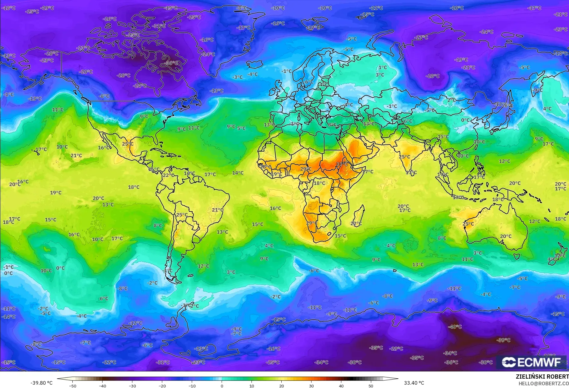 ECMWF IFS 0.25° modelo - Mundo, Temperatura a 850 hPa