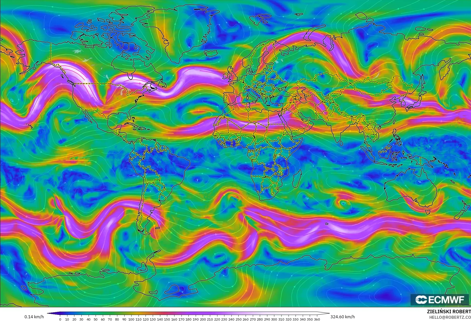 ECMWF IFS 0.25° modelo - Mundo, Viento a 300 hPa (corriente en chorro)