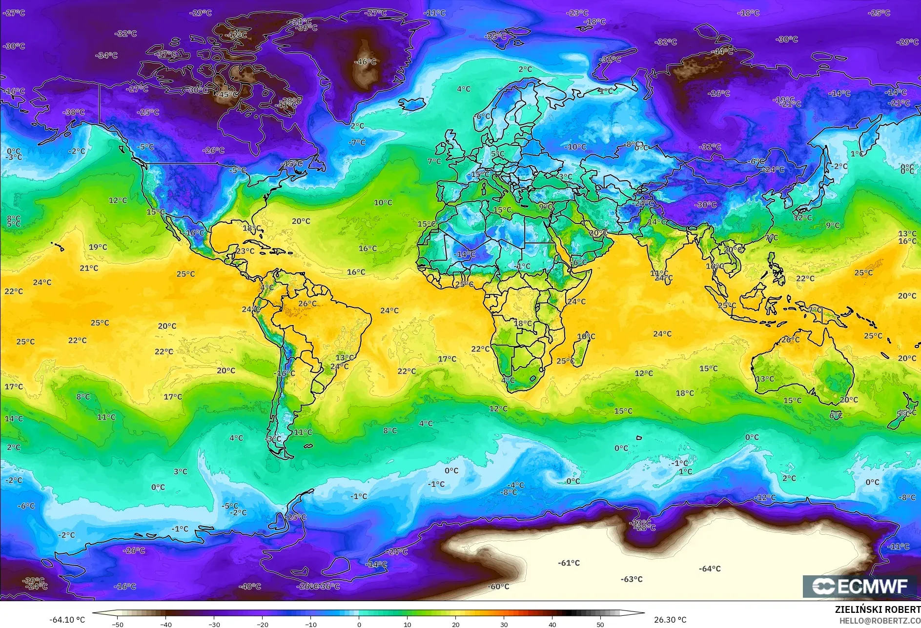 ECMWF IFS 0.25° modelo - Mundo, Punto de rocío a 2 m