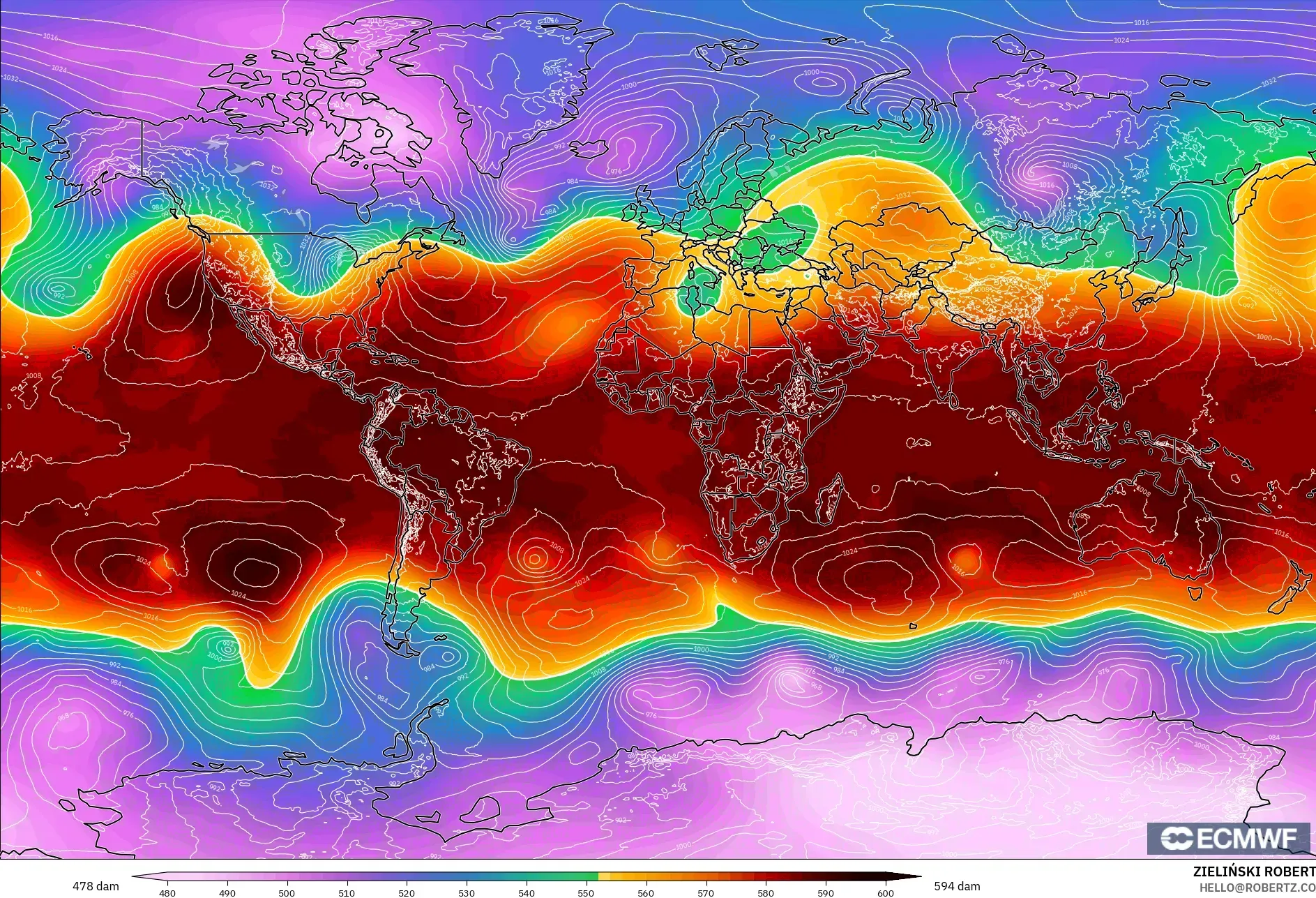 ECMWF IFS 0.25° modelo - Mundo, Altura geopotencial a 500 hPa