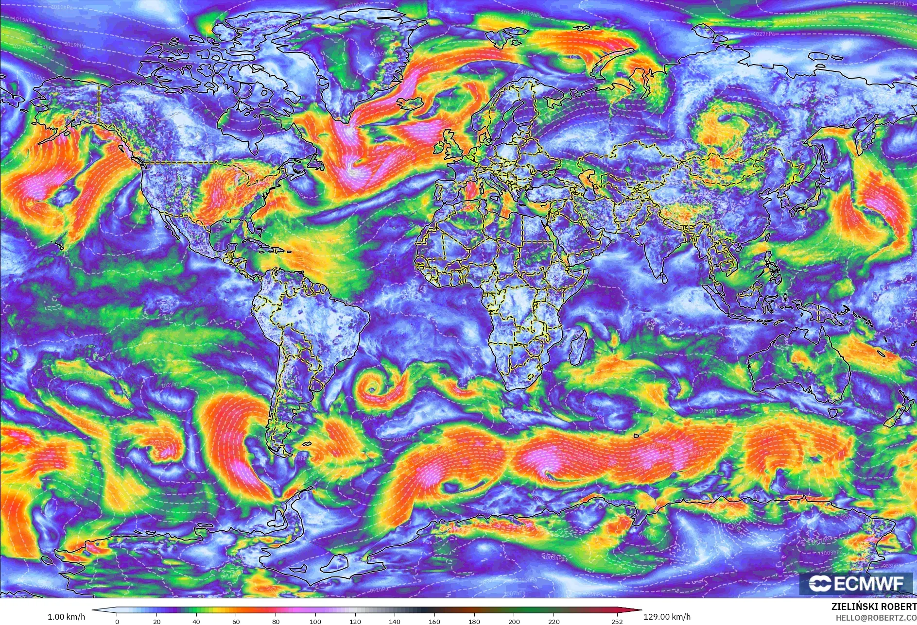 ECMWF IFS 0.25° modelo - Mundo, Ráfagas de viento