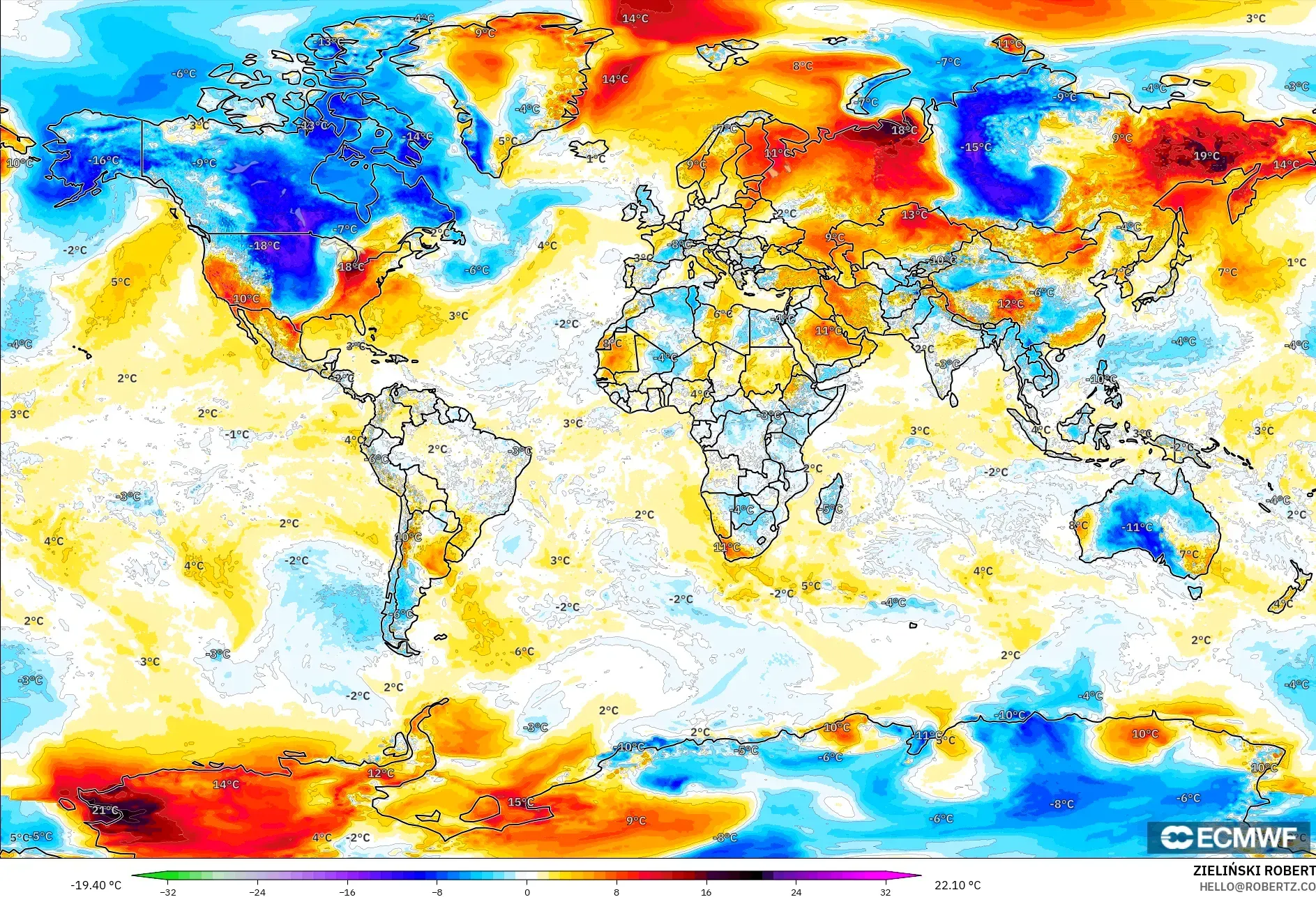 ECMWF IFS 0.25° modelo - Mundo, Anomalía de temperatura a 2 m