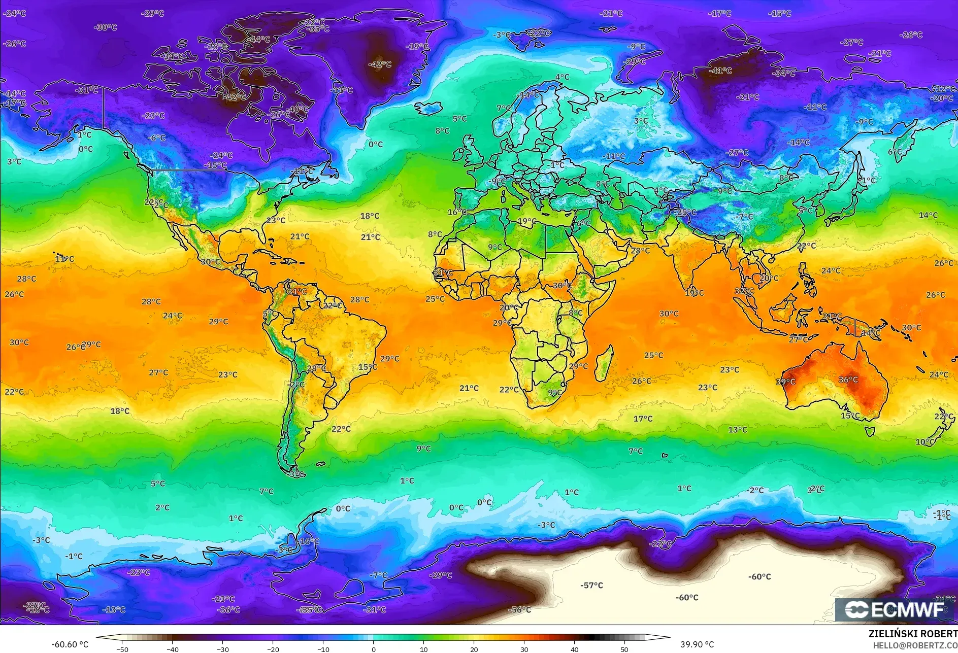 ECMWF IFS 0.25° modelo - Mundo, Temperatura a 2 m