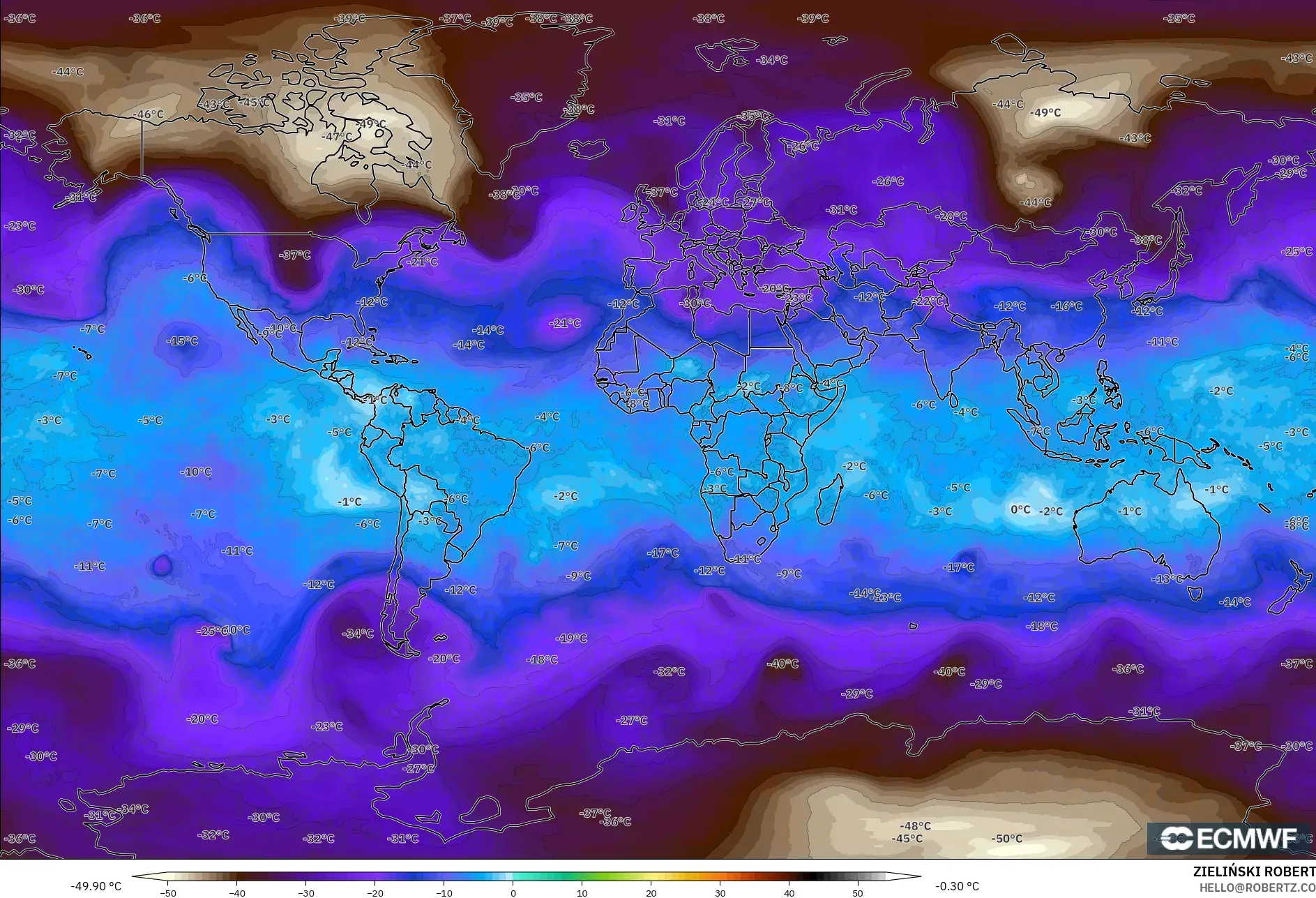 ECMWF IFS 0.25° modelo - Mundo, Temperatura a 500 hPa