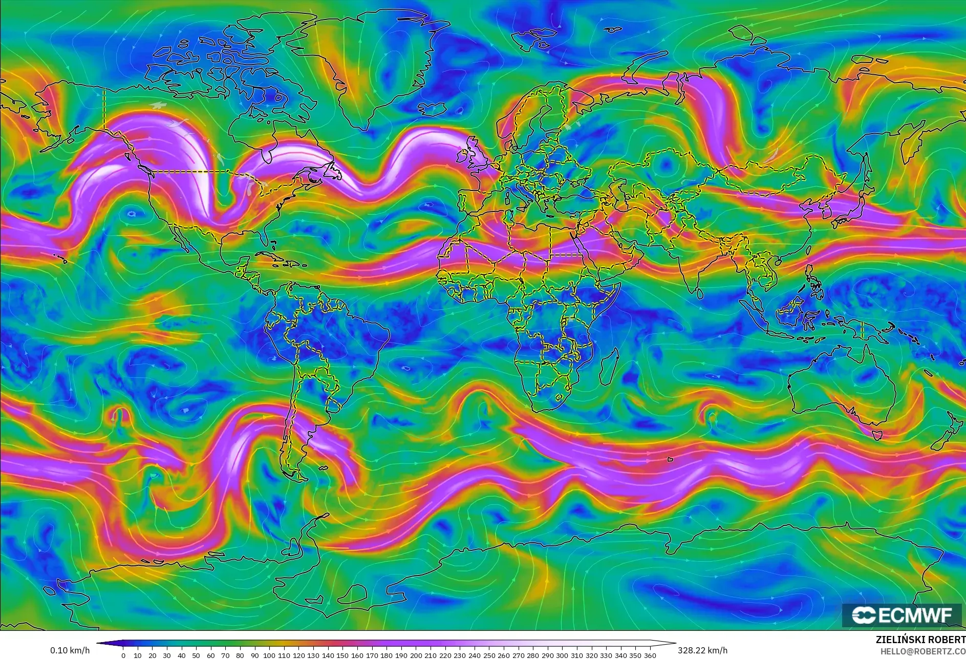 ECMWF IFS 0.25° modelo - Mundo, Viento a 300 hPa (corriente en chorro)