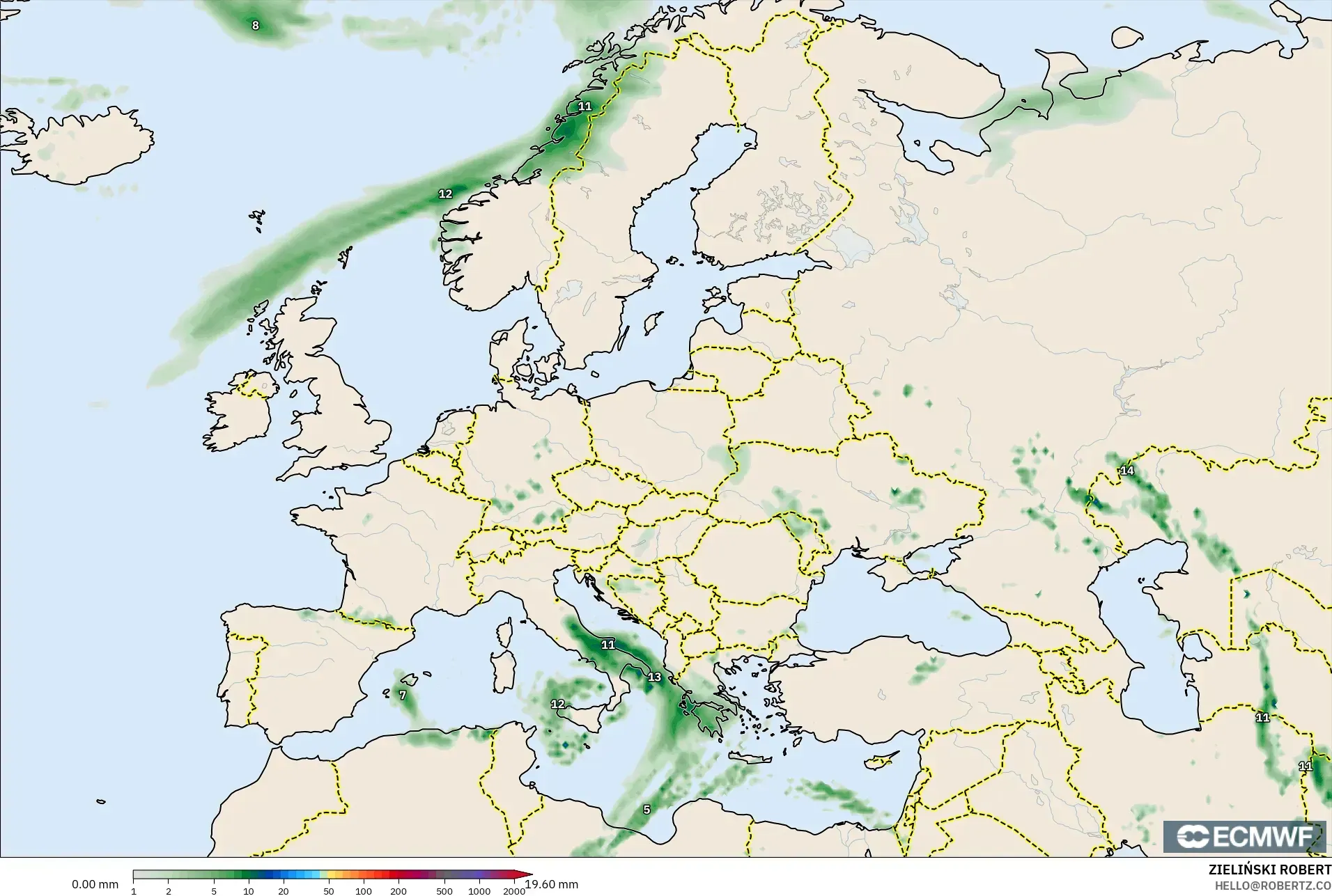 ECMWF IFS 0.25° modelo - Europa, Acumulación de precipitación