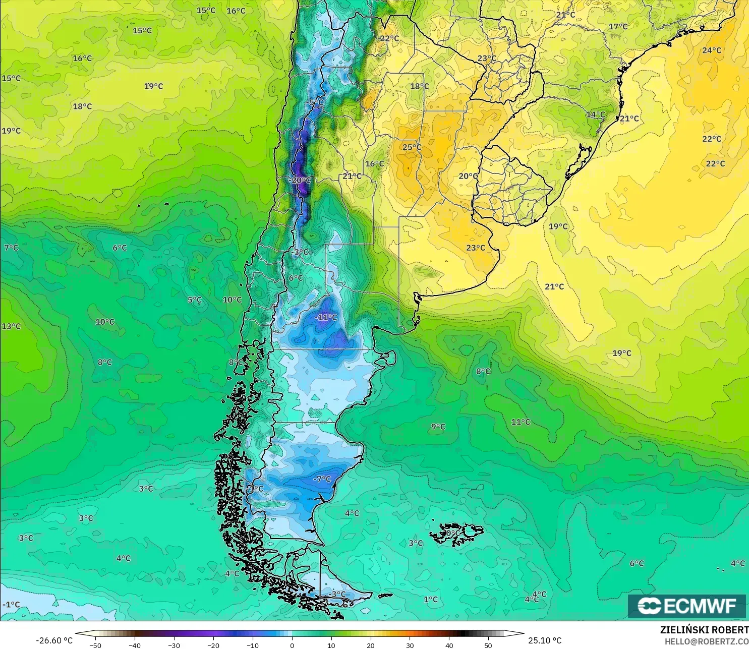 ECMWF IFS 0.25° modelo - Argentina, Punto de rocío a 2 m