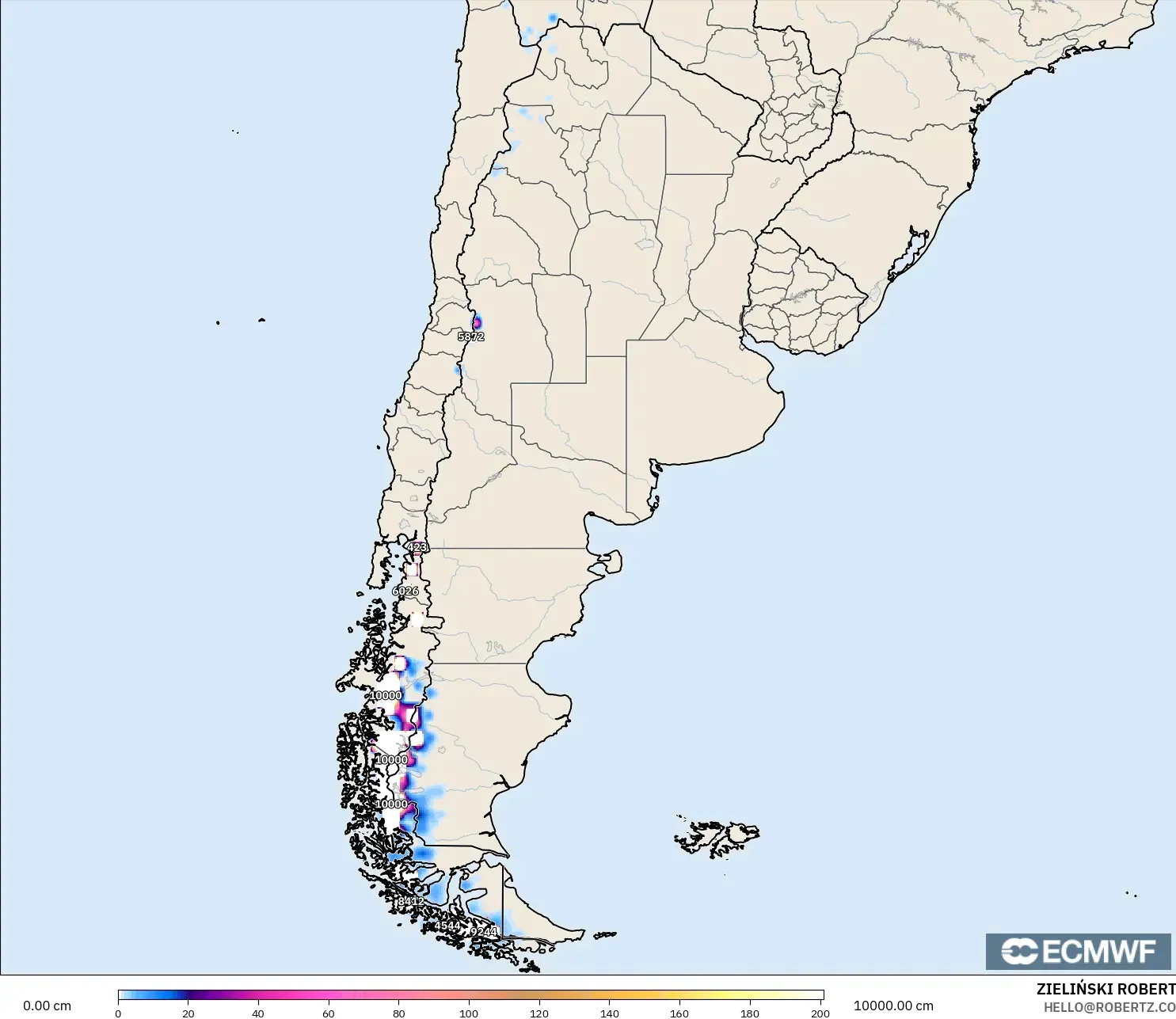 ECMWF IFS 0.25° modelo - Argentina, Profundidad de nieve
