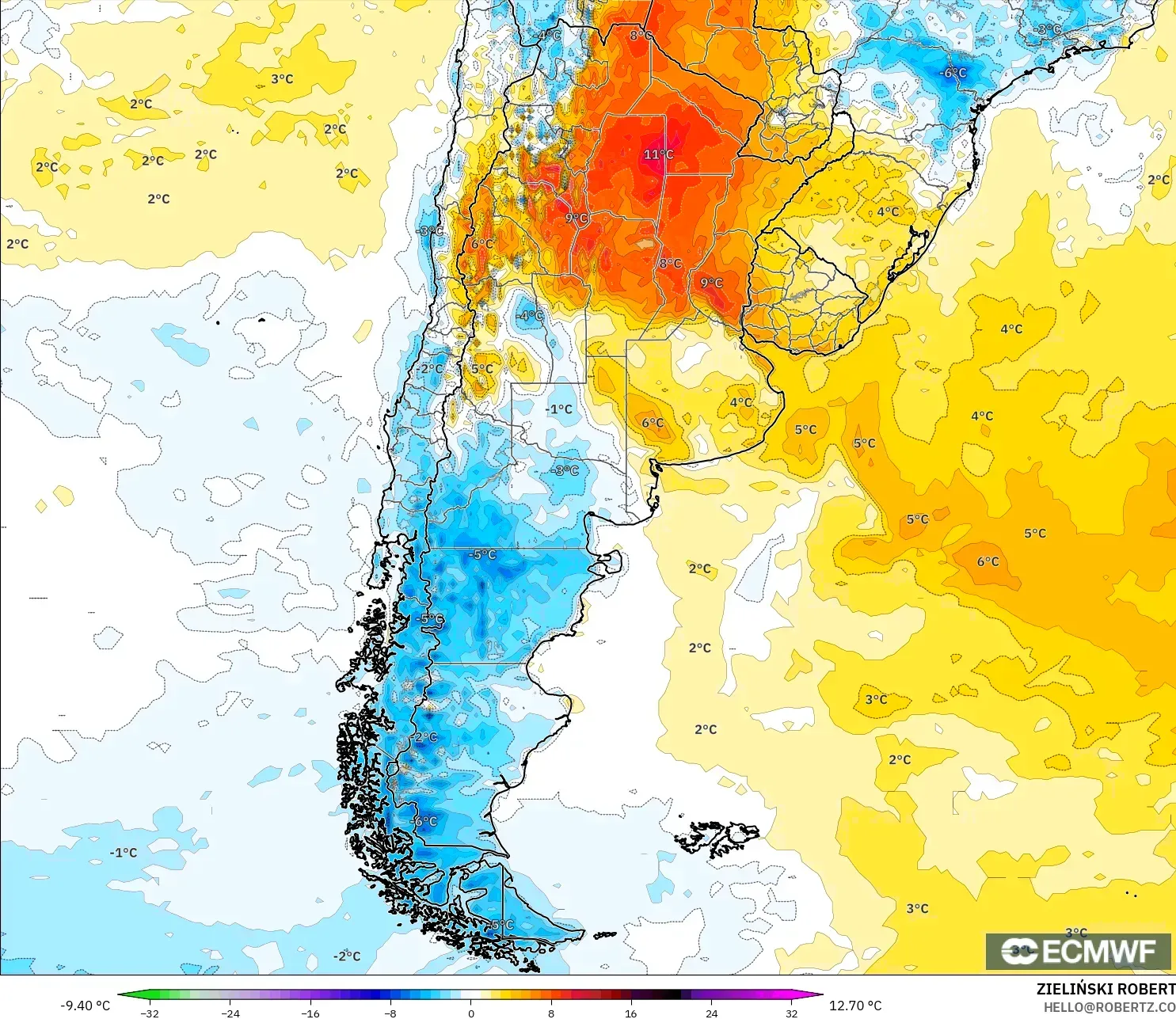ECMWF IFS 0.25° modelo - Argentina, Anomalía de temperatura a 2 m