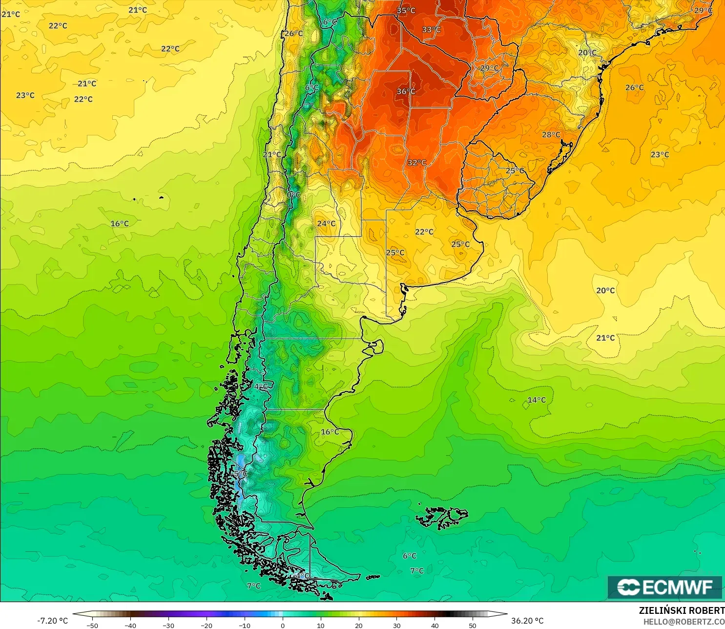 ECMWF IFS 0.25° modelo - Argentina, Temperatura a 2 m