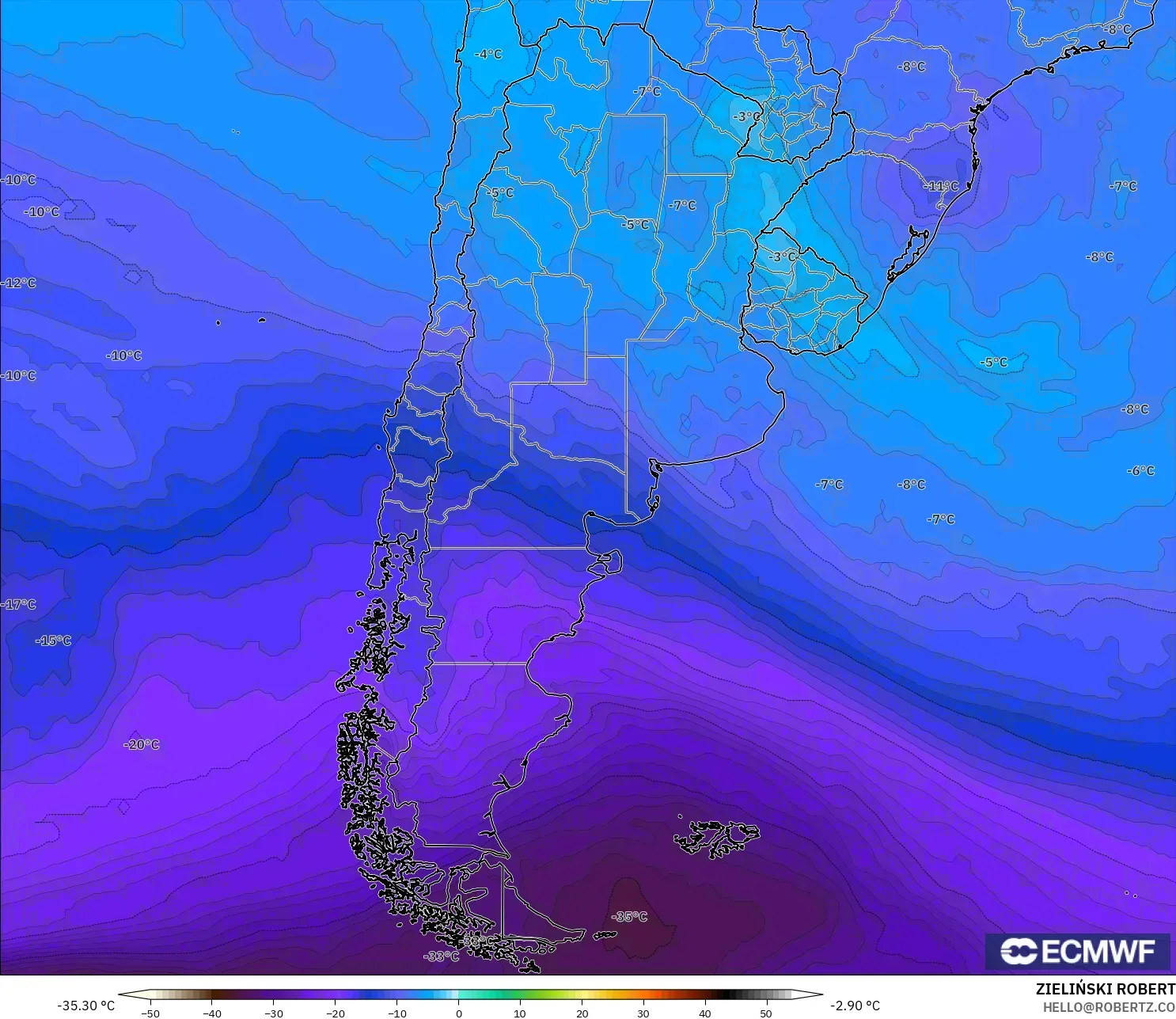 ECMWF IFS 0.25° modelo - Argentina, Temperatura a 500 hPa