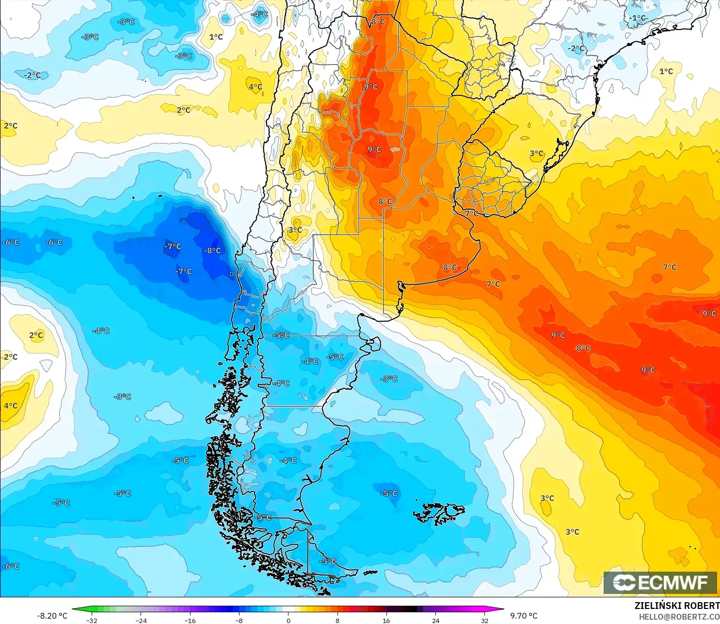 ECMWF IFS 0.25° modelo - Argentina, Anomalía de temperatura a 850 hPa