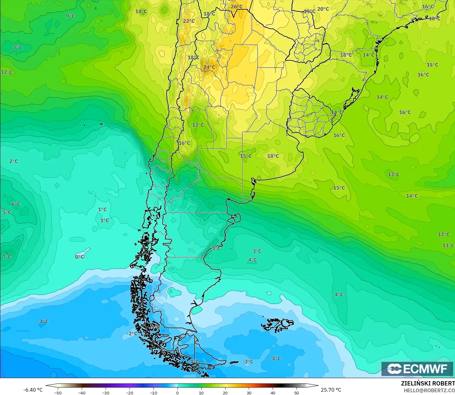 ECMWF IFS 0.25° modelo - Argentina, Temperatura a 850 hPa
