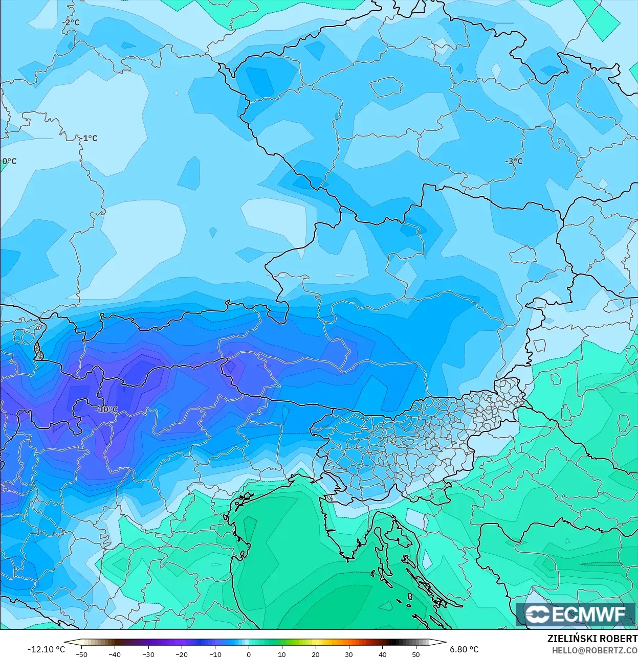 ECMWF IFS 0.25° modelo - Austria, Punto de rocío a 2 m