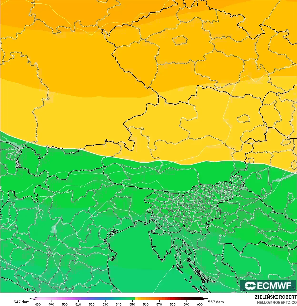 ECMWF IFS 0.25° modelo - Austria, Altura geopotencial a 500 hPa