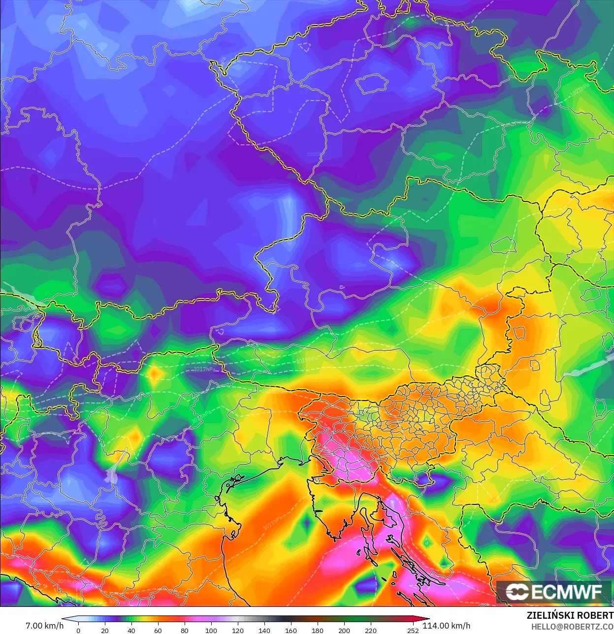 ECMWF IFS 0.25° modelo - Austria, Ráfagas de viento