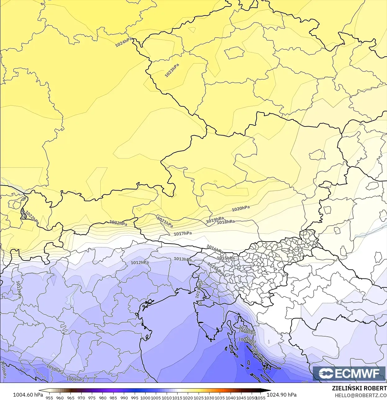 ECMWF IFS 0.25° modelo - Austria, Presión