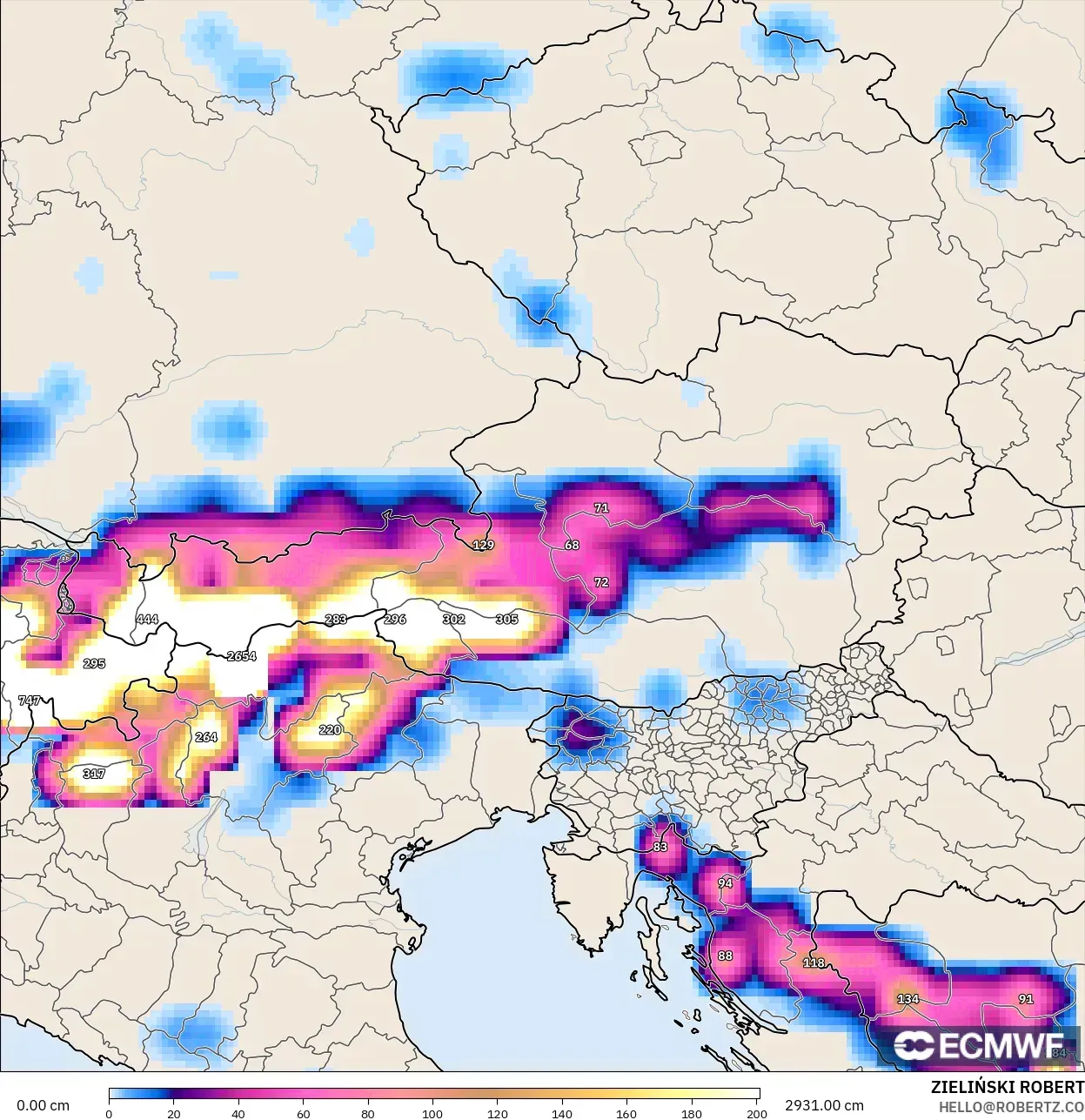 ECMWF IFS 0.25° modelo - Austria, Profundidad de nieve
