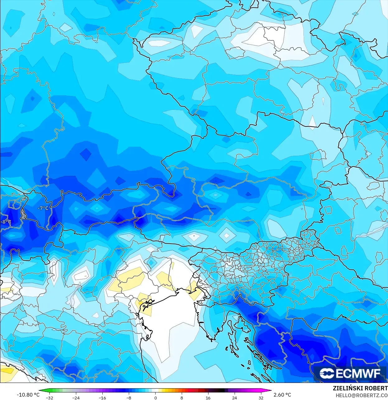 ECMWF IFS 0.25° modelo - Austria, Anomalía de temperatura a 2 m