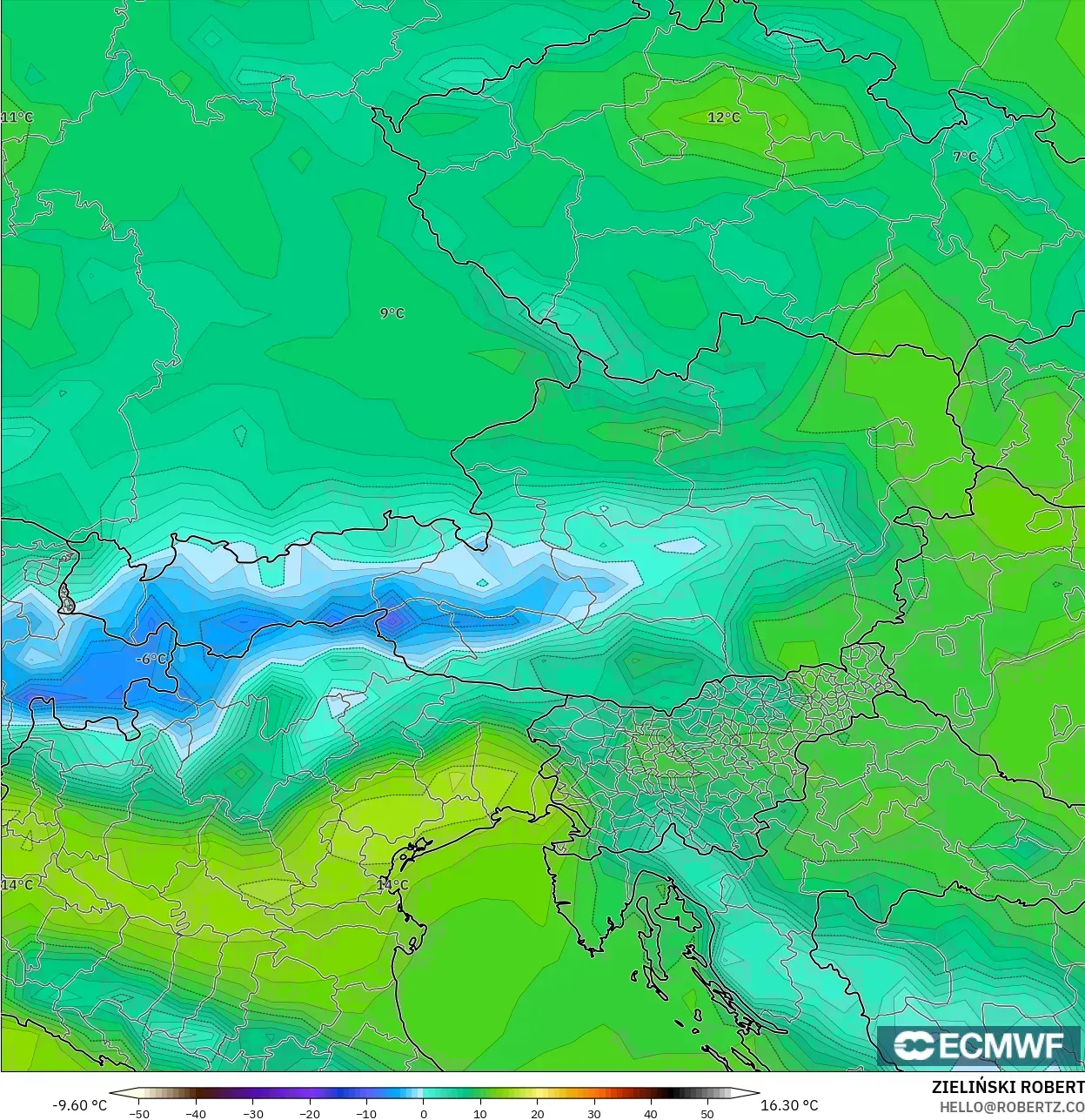 ECMWF IFS 0.25° modelo - Austria, Temperatura a 2 m