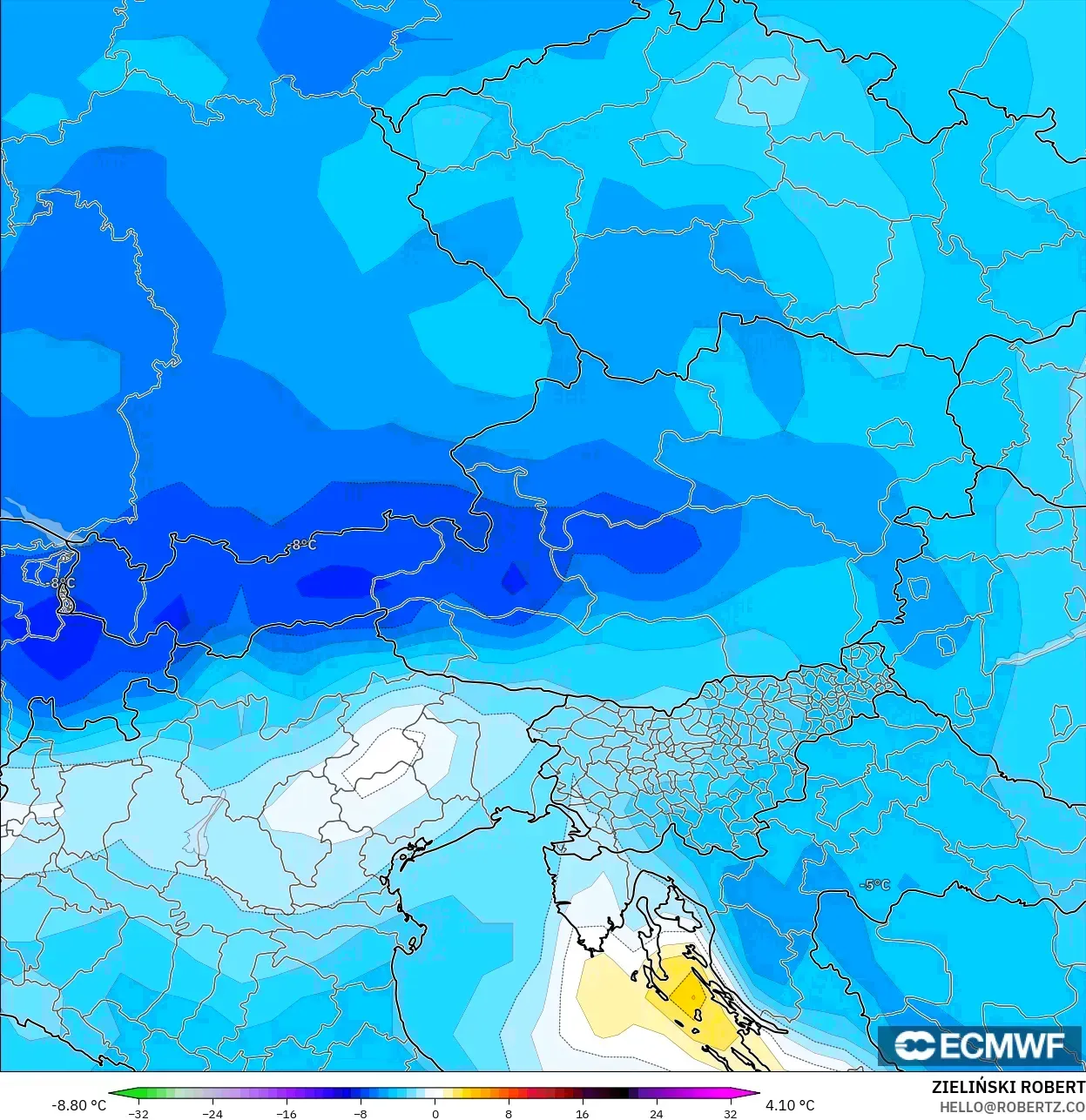 ECMWF IFS 0.25° modelo - Austria, Anomalía de temperatura a 850 hPa