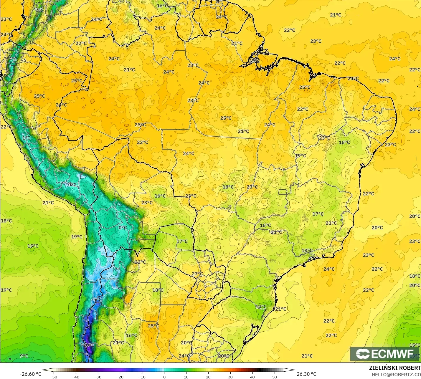 ECMWF IFS 0.25° modelo - Brasil, Punto de rocío a 2 m