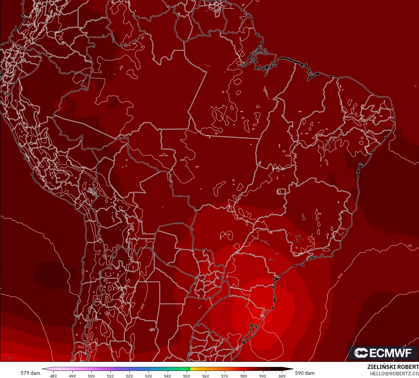 ECMWF IFS 0.25° modelo - Brasil, Altura geopotencial a 500 hPa