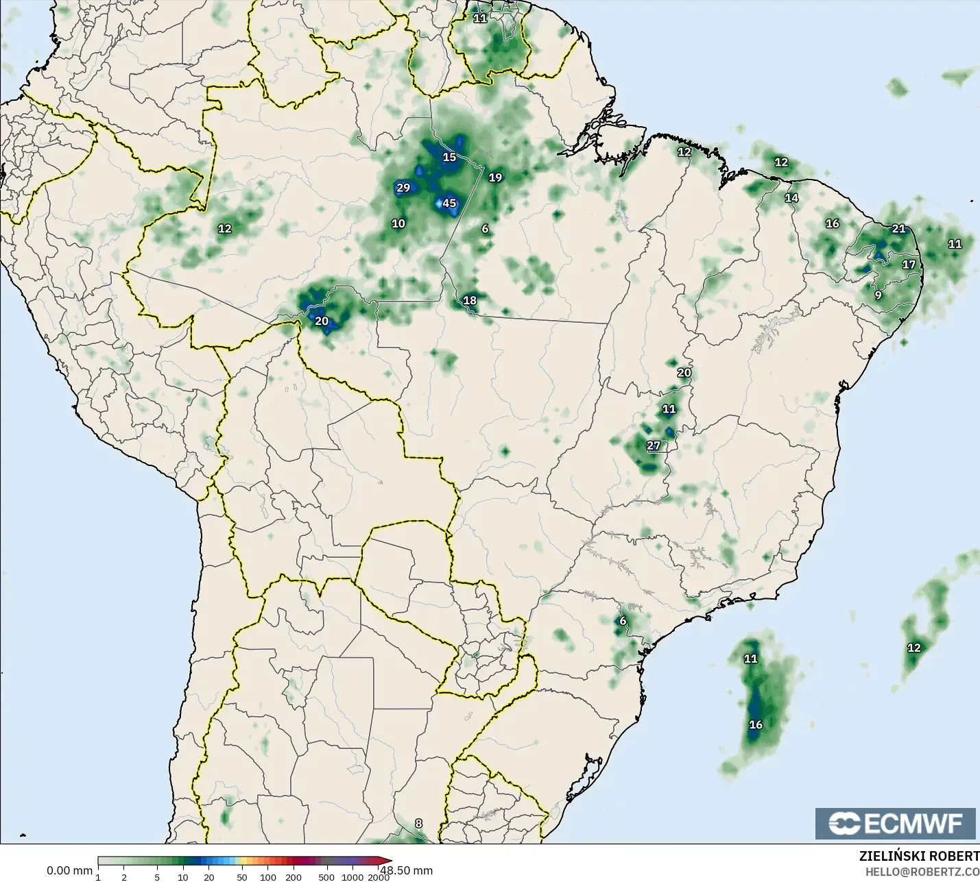 ECMWF IFS 0.25° modelo - Brasil, Acumulación de precipitación