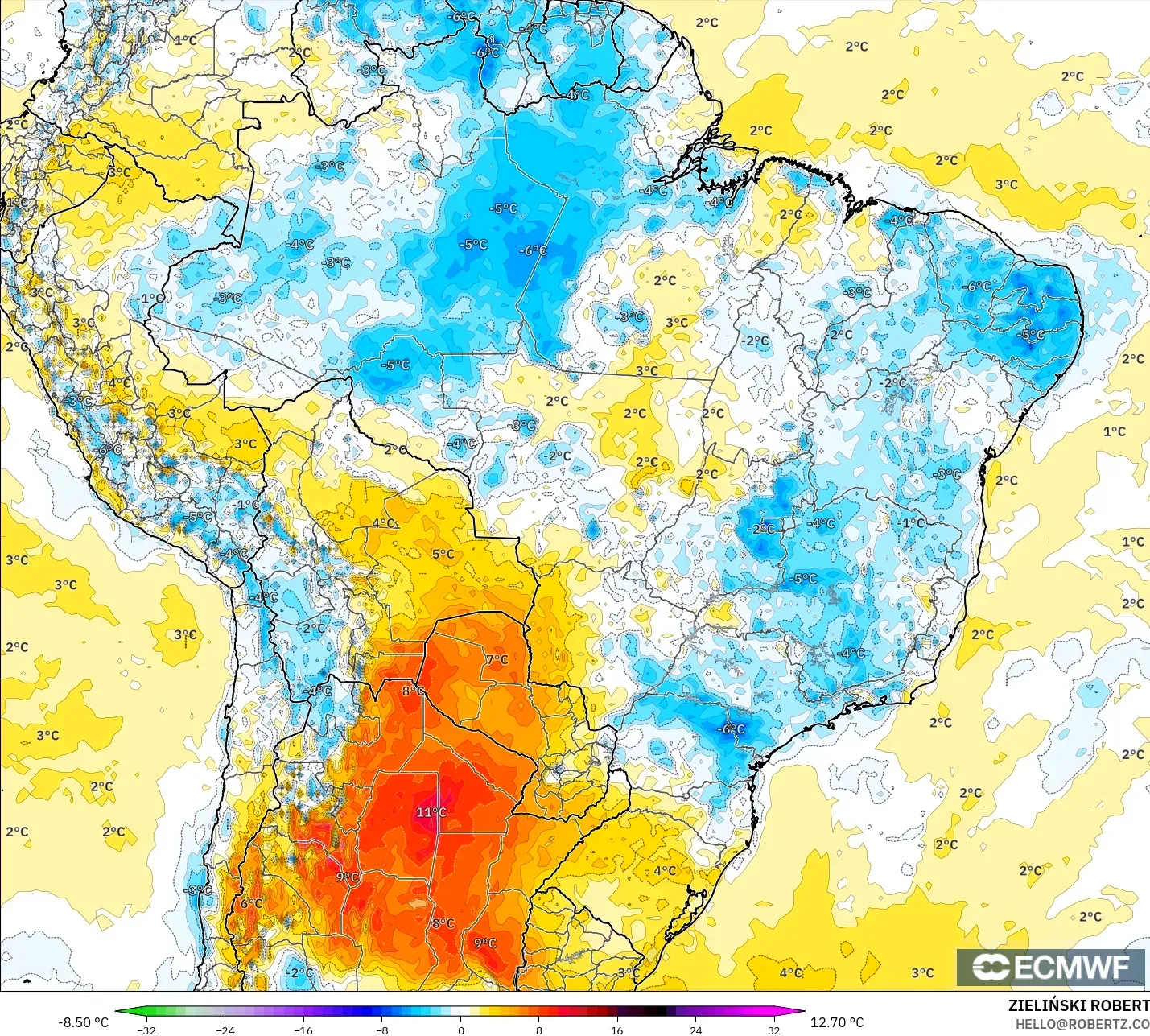 ECMWF IFS 0.25° modelo - Brasil, Anomalía de temperatura a 2 m
