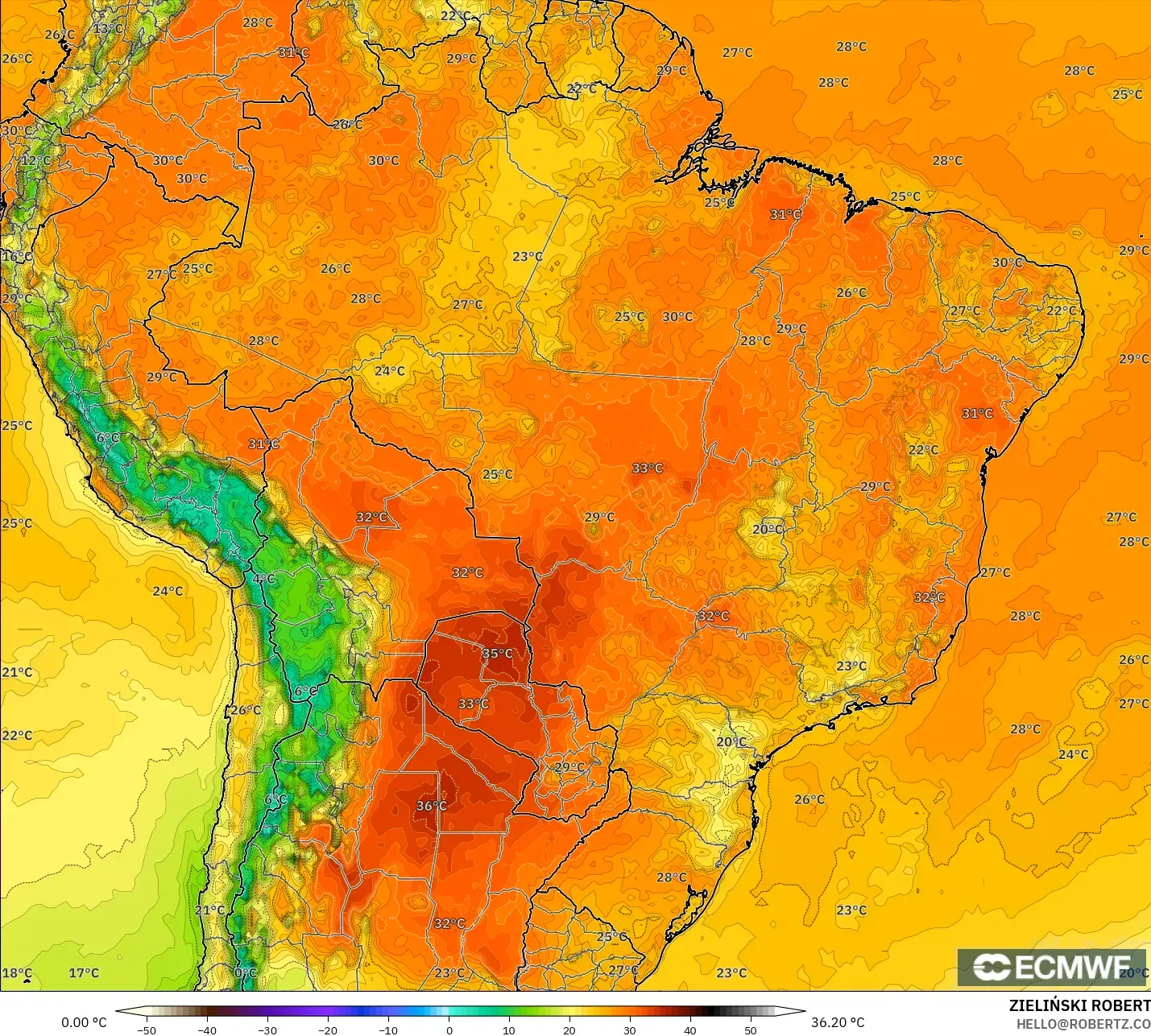 ECMWF IFS 0.25° modelo - Brasil, Temperatura a 2 m