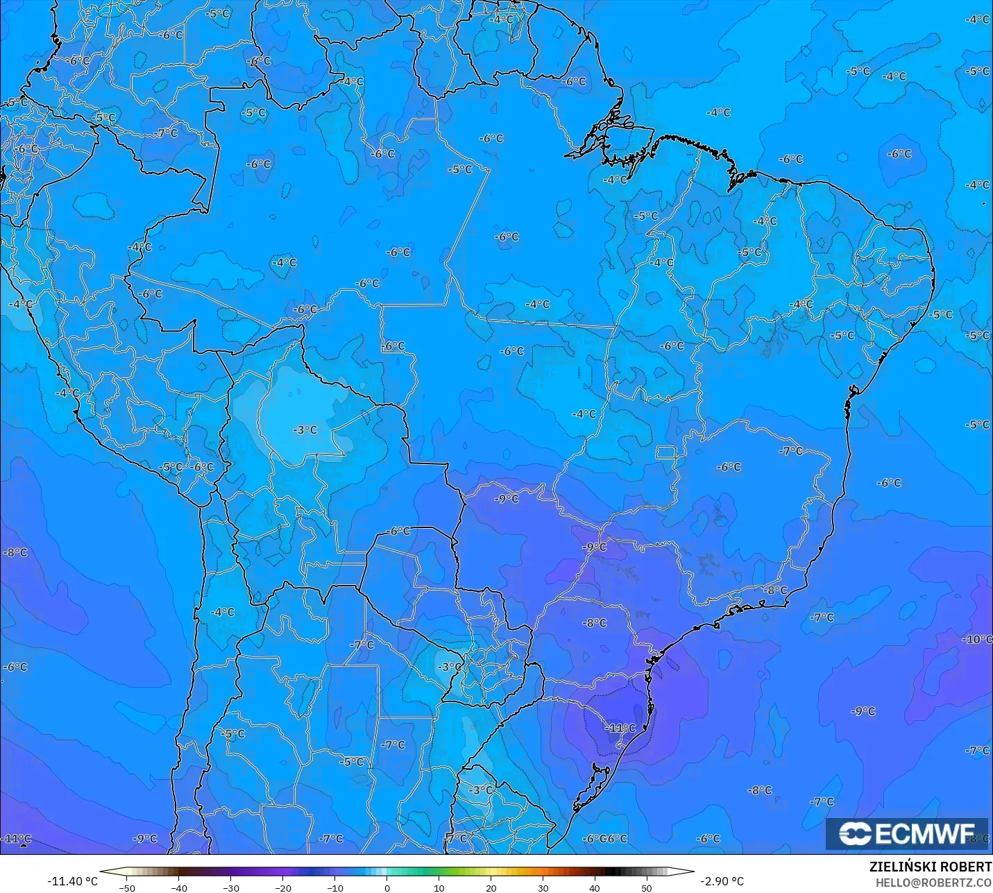 ECMWF IFS 0.25° modelo - Brasil, Temperatura a 500 hPa