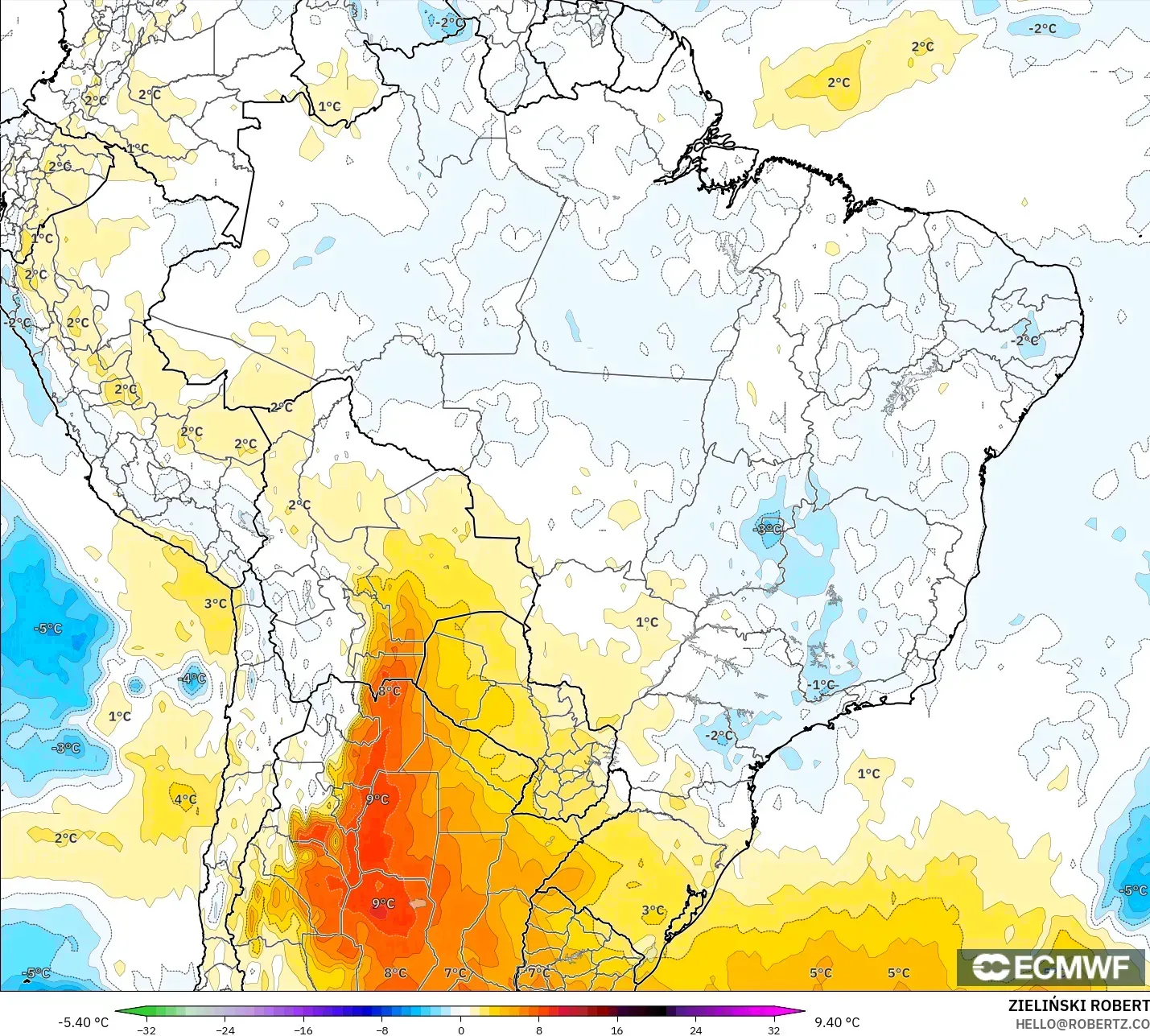ECMWF IFS 0.25° modelo - Brasil, Anomalía de temperatura a 850 hPa