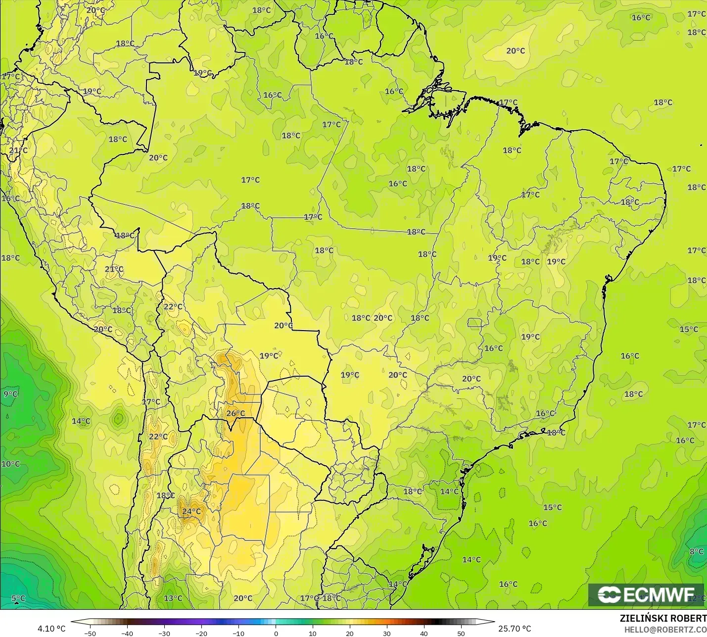 ECMWF IFS 0.25° modelo - Brasil, Temperatura a 850 hPa