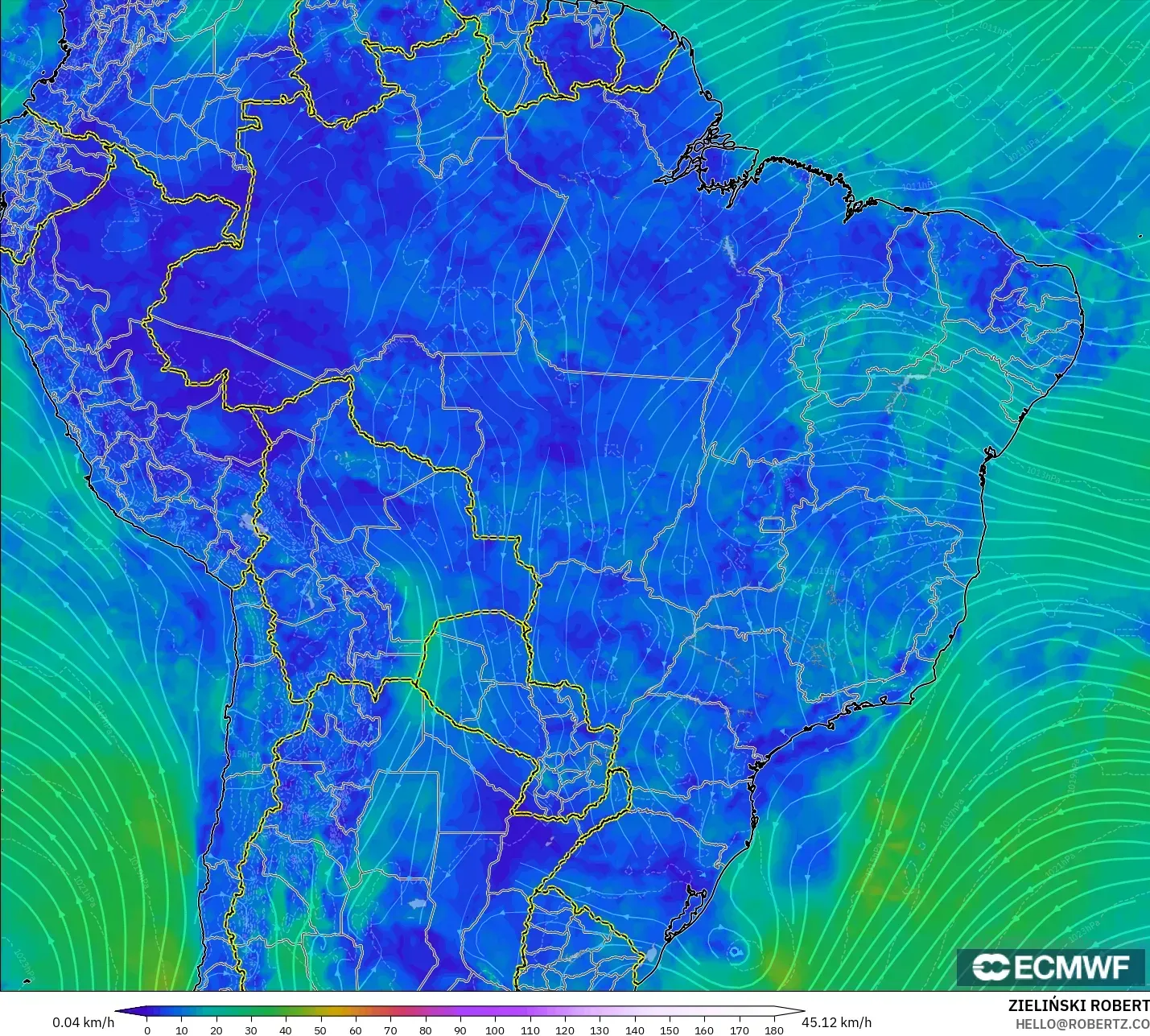 ECMWF IFS 0.25° modelo - Brasil, Viento a 10 m