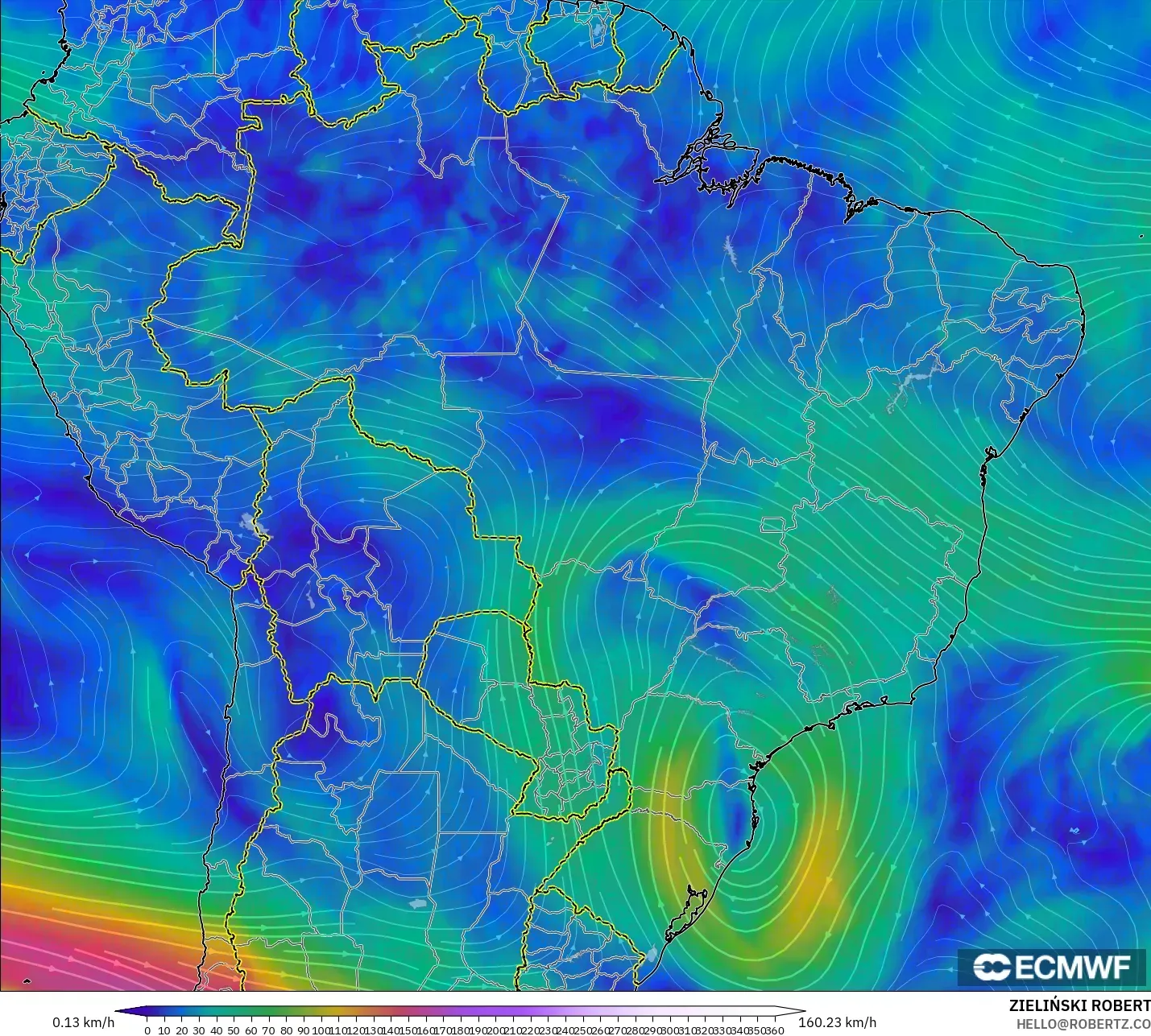 ECMWF IFS 0.25° modelo - Brasil, Viento a 300 hPa (corriente en chorro)