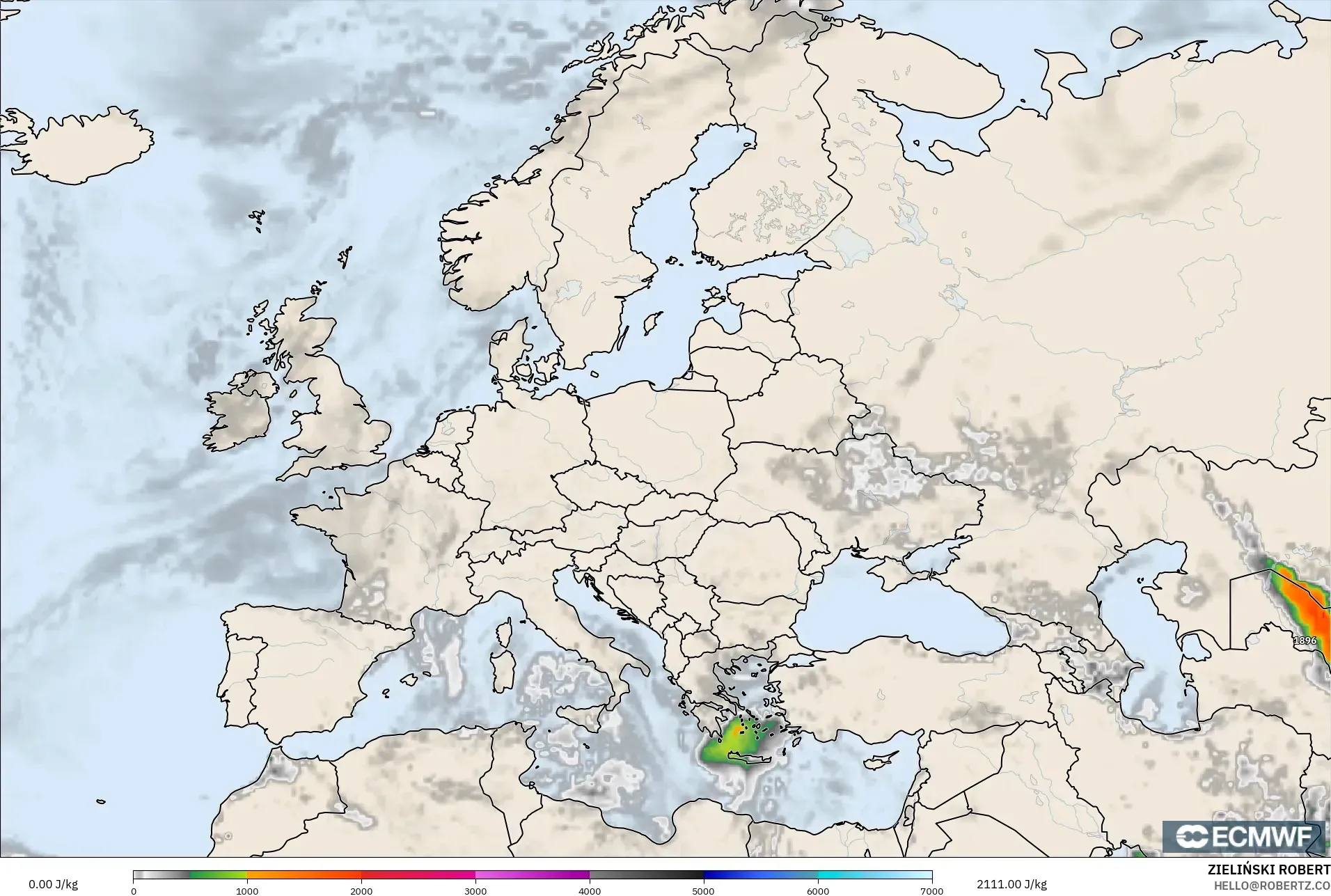ECMWF IFS 0.25° modelo - Europa, CAPE
