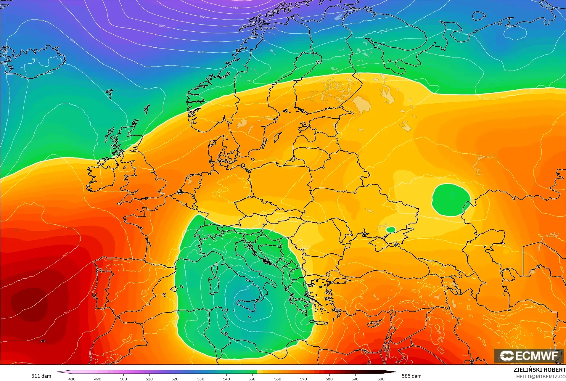 ECMWF IFS 0.25° modelo - Europa, Altura geopotencial a 500 hPa