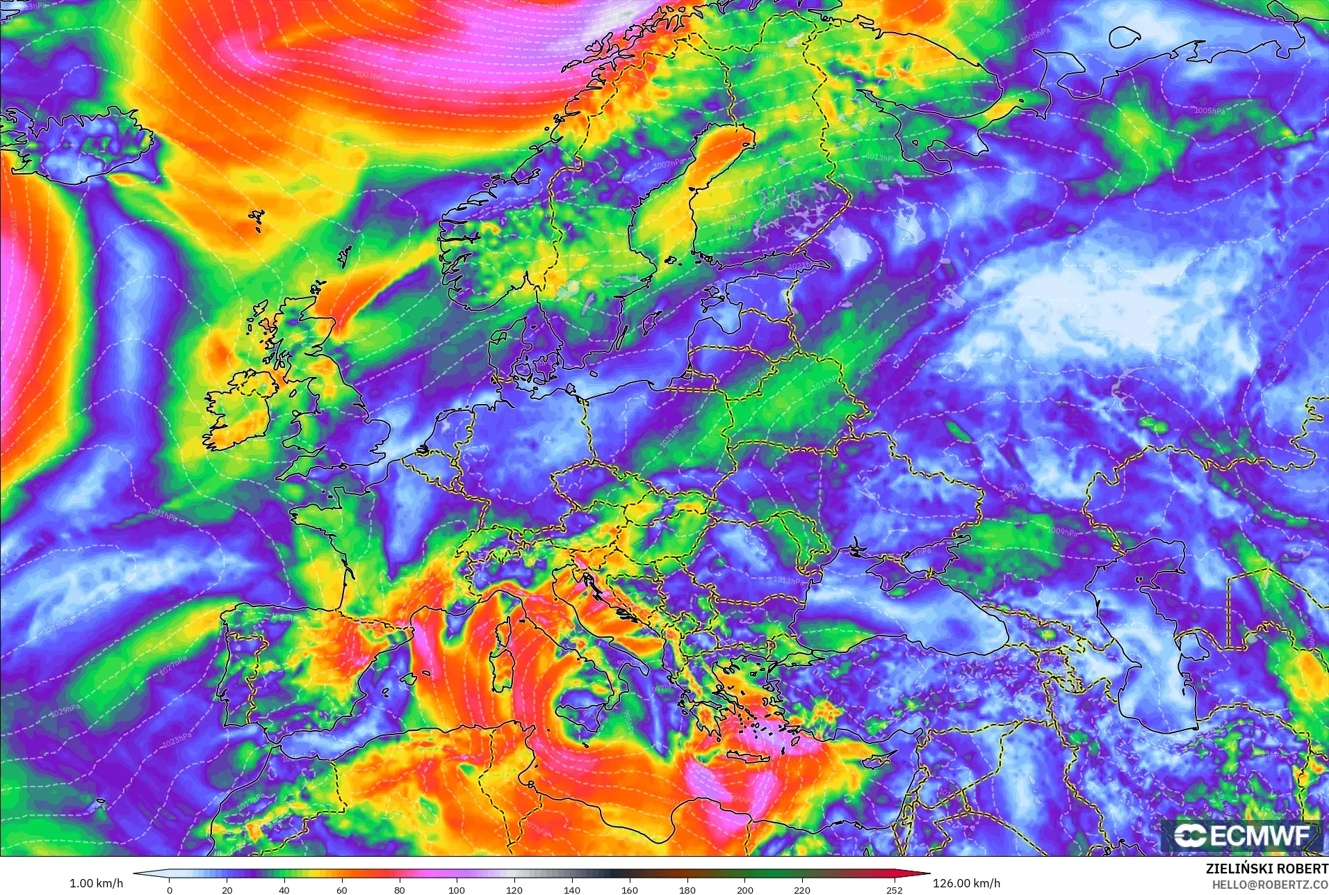 ECMWF IFS 0.25° modelo - Europa, Ráfagas de Viento Máximas
