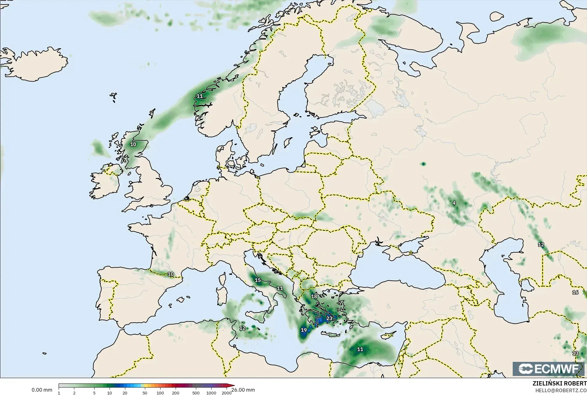 ECMWF IFS 0.25° modelo - Europa, Acumulación de precipitación