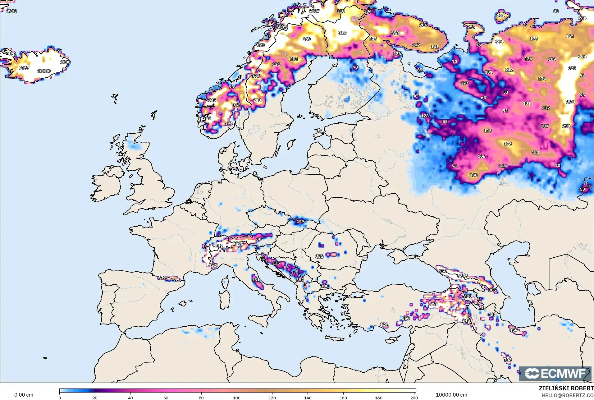 ECMWF IFS 0.25° modelo - Europa, Profundidad de nieve