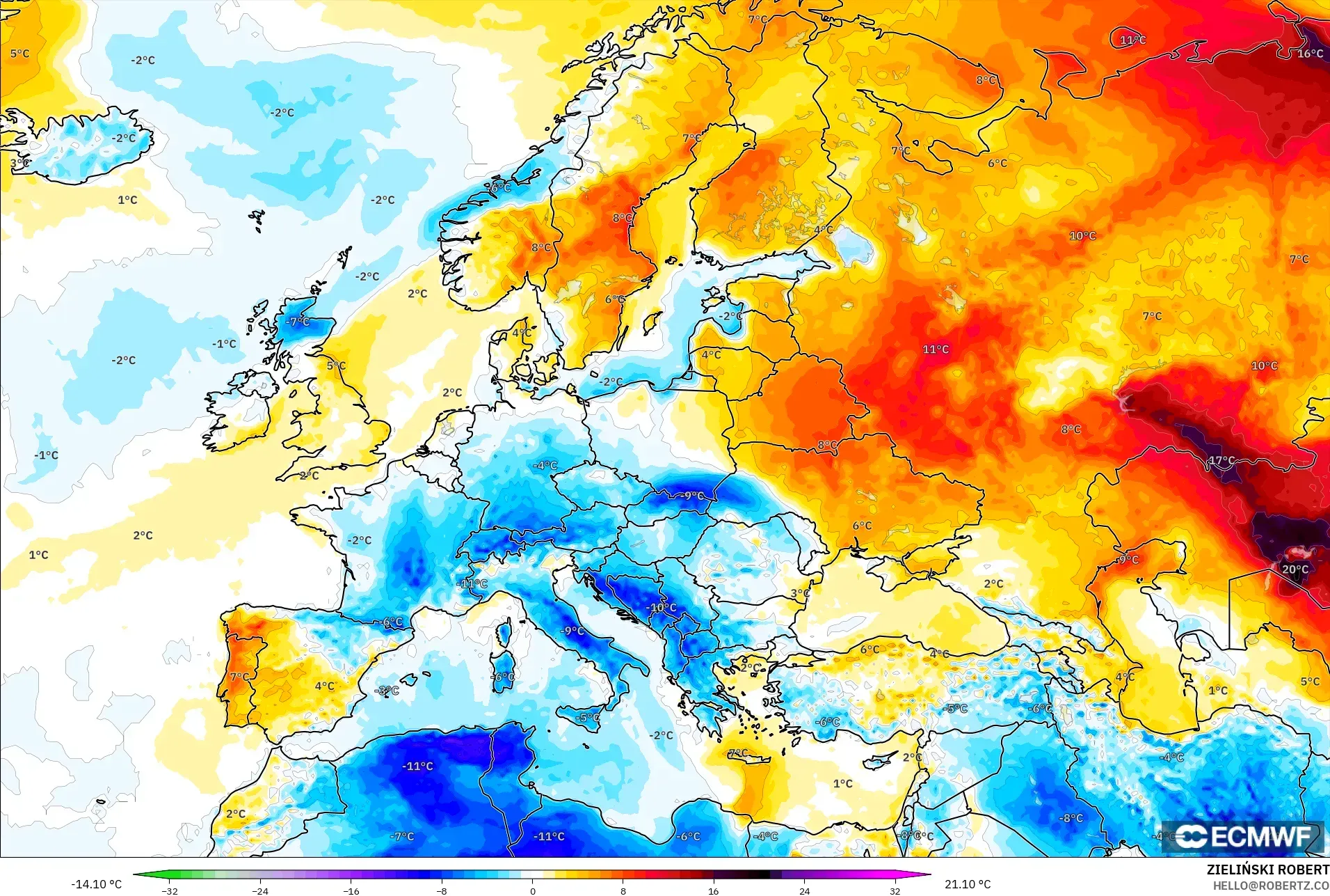 ECMWF IFS 0.25° modelo - Europa, Anomalía de temperatura a 2 m