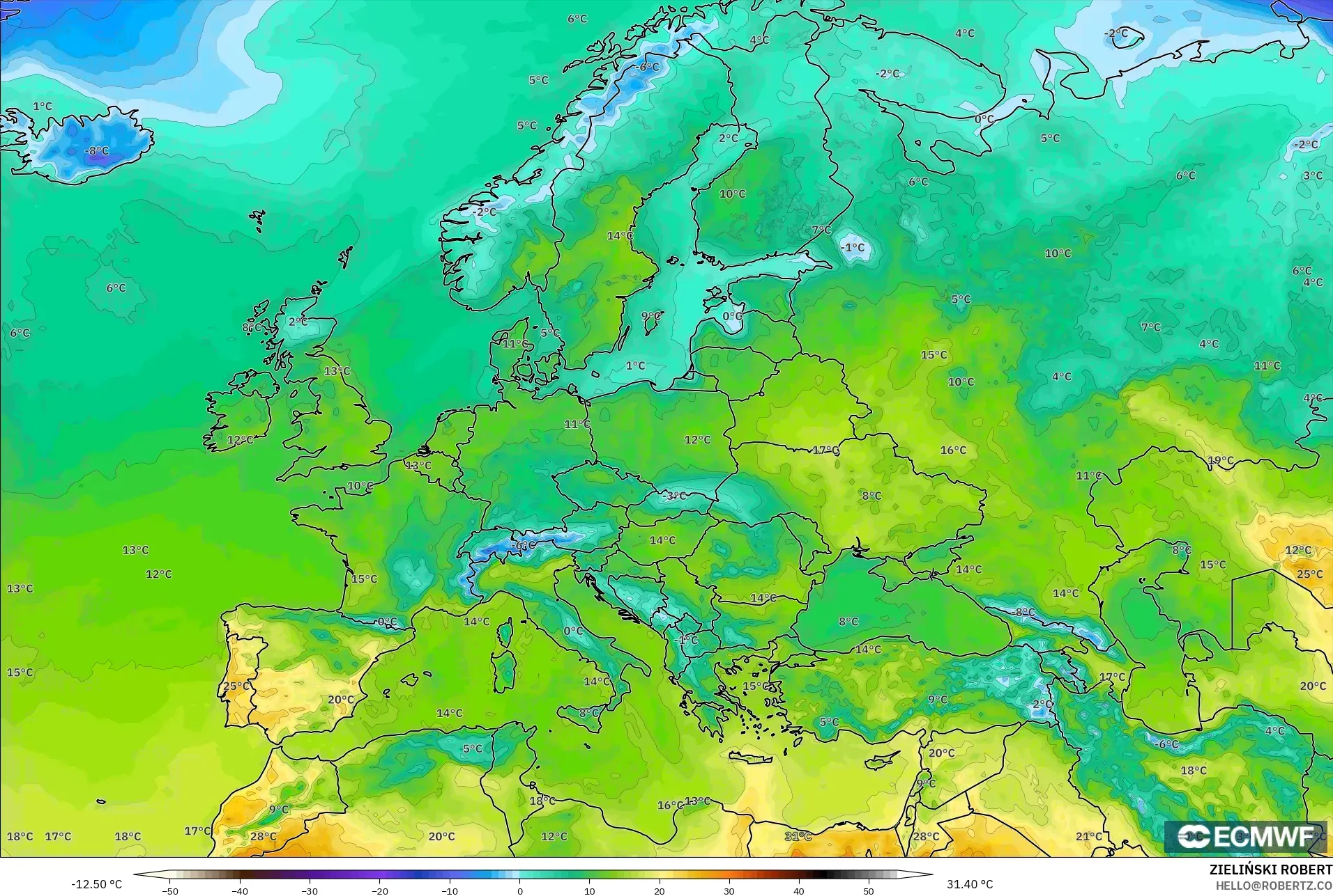 ECMWF IFS 0.25° modelo - Europa, Temperatura a 2 m
