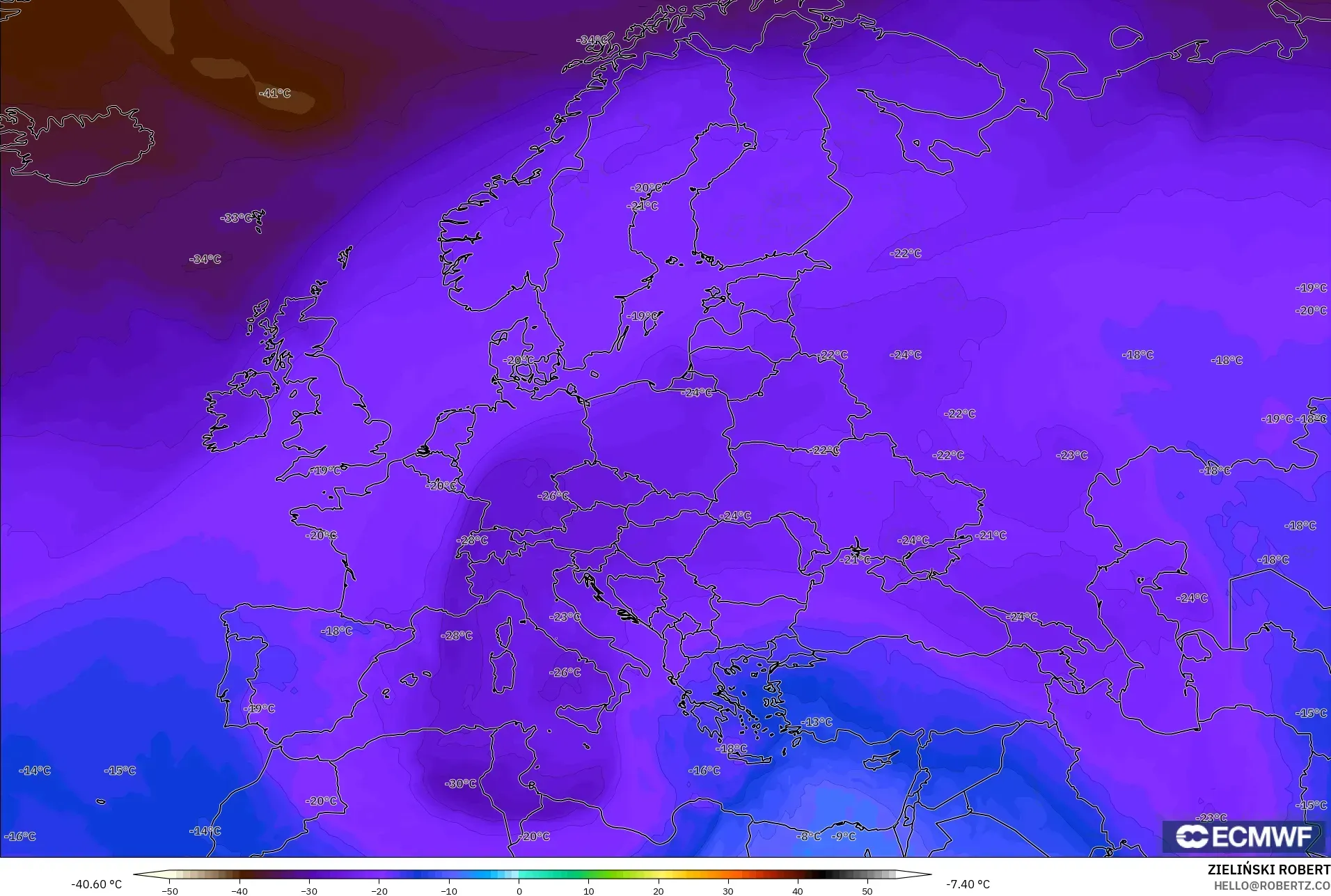 ECMWF IFS 0.25° modelo - Europa, Temperatura a 500 hPa