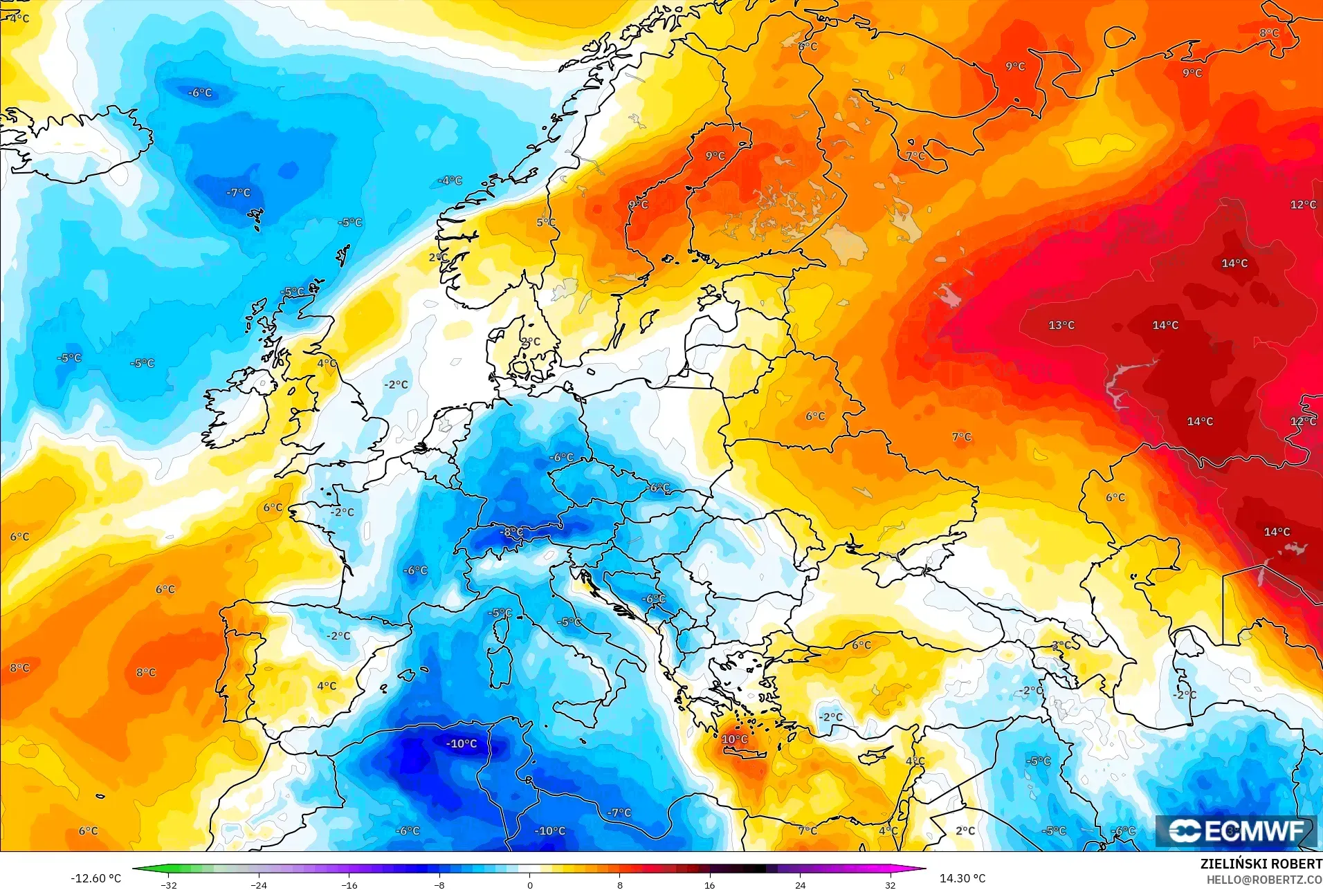 ECMWF IFS 0.25° modelo - Europa, Anomalía de temperatura a 850 hPa