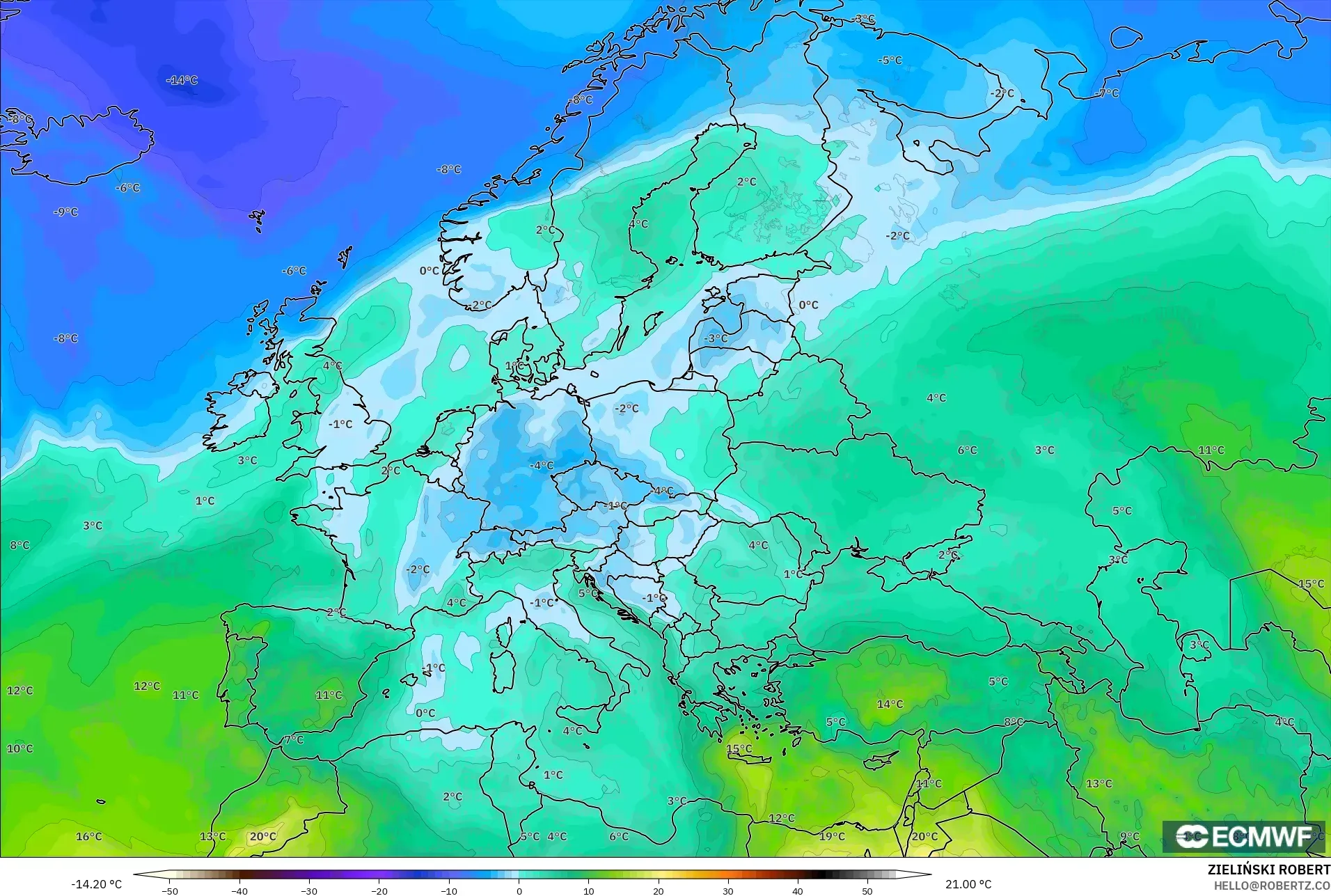 ECMWF IFS 0.25° modelo - Europa, Temperatura a 850 hPa