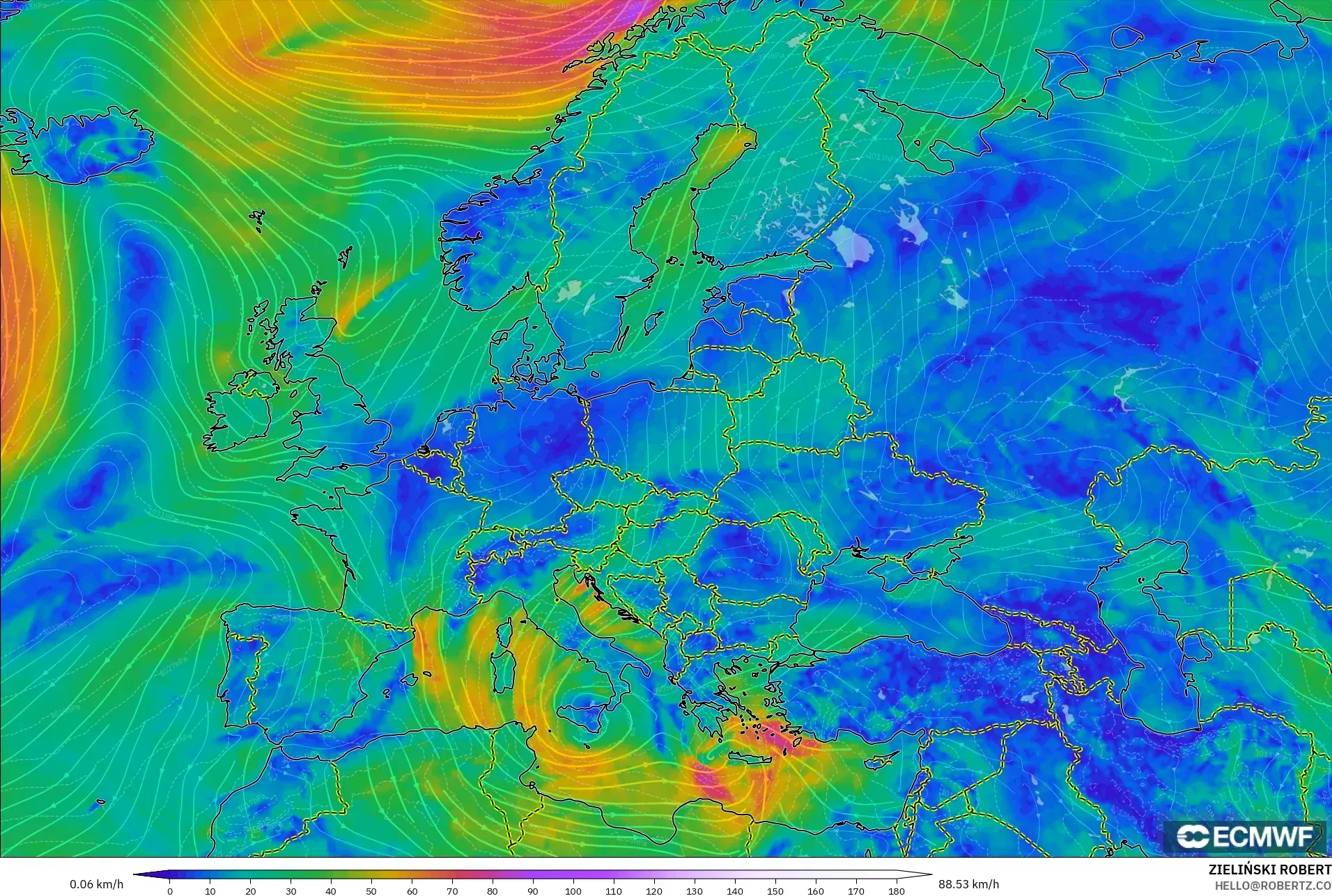 ECMWF IFS 0.25° modelo - Europa, Viento a 10 m