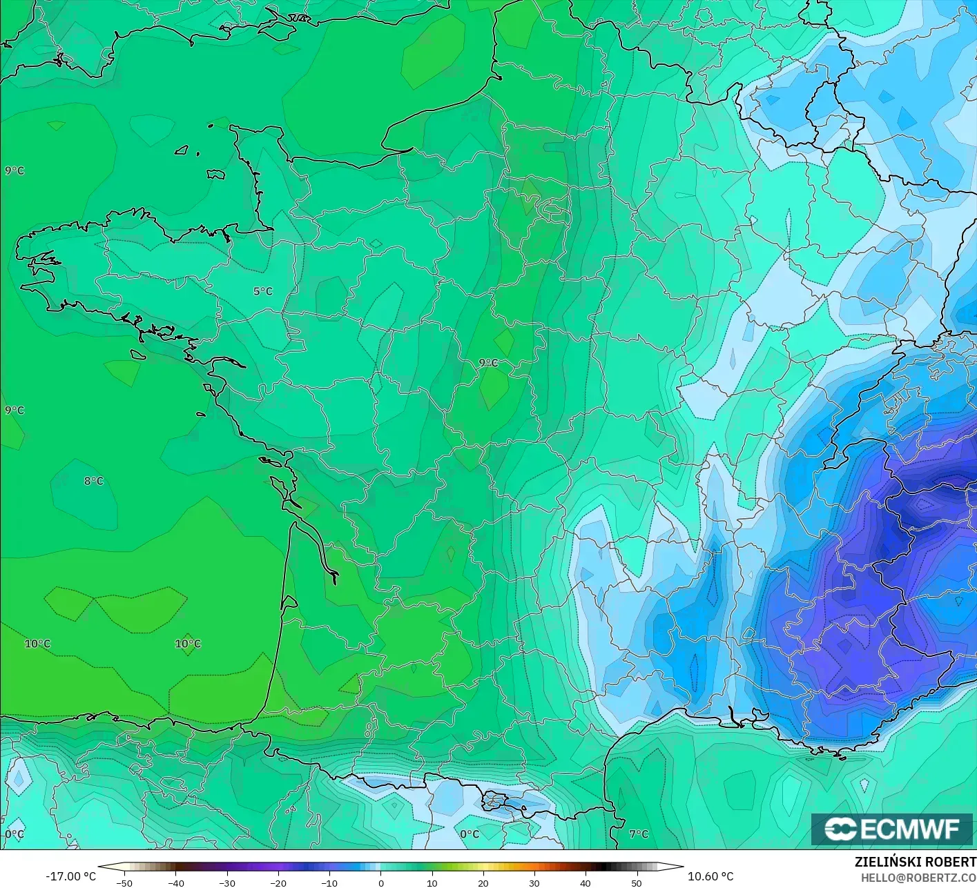 ECMWF IFS 0.25° modelo - Francia, Punto de rocío a 2 m